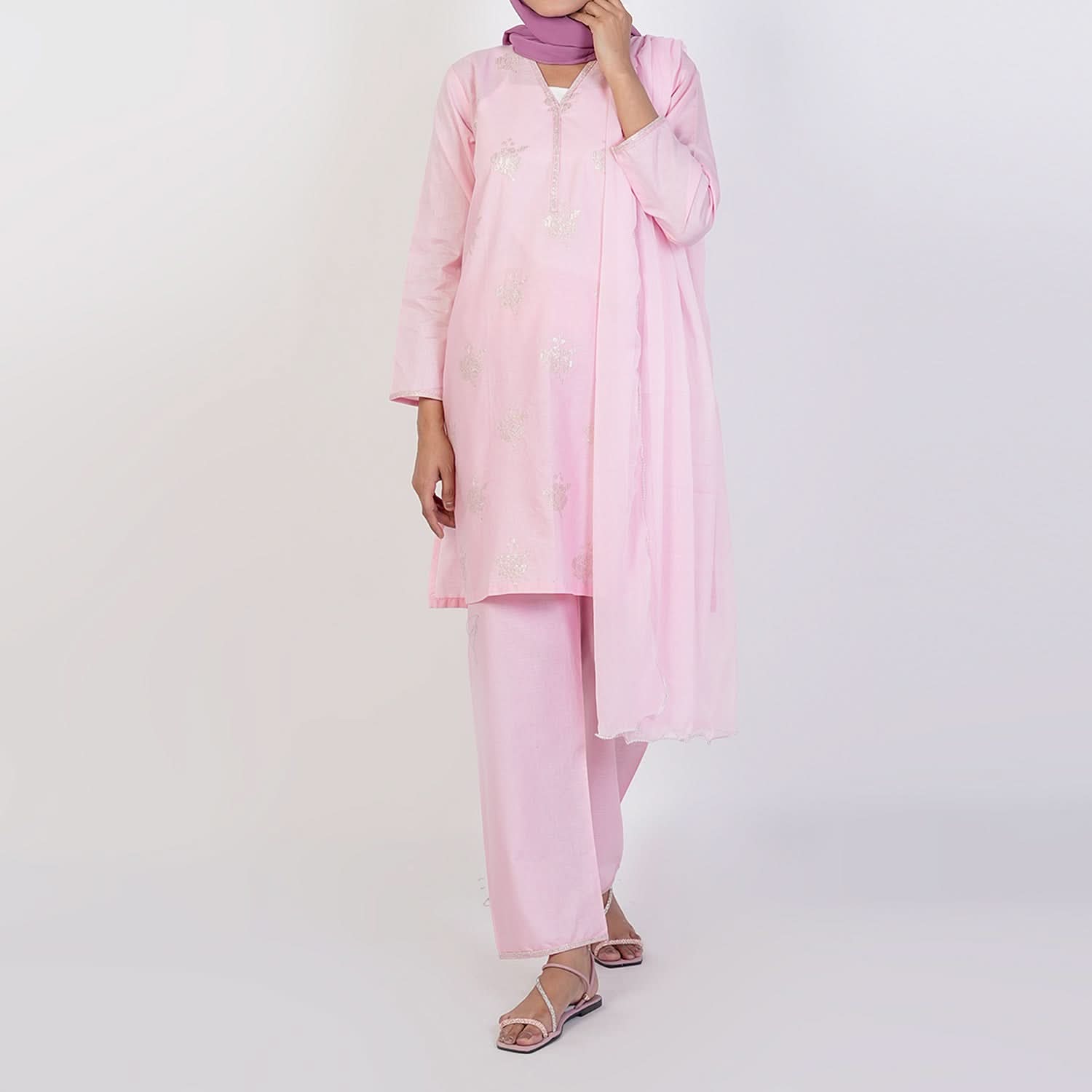 Women's Cotton Embroidered 3Pcs Suit -Pink, Women Shalwar Suits, Chase Value, Chase Value