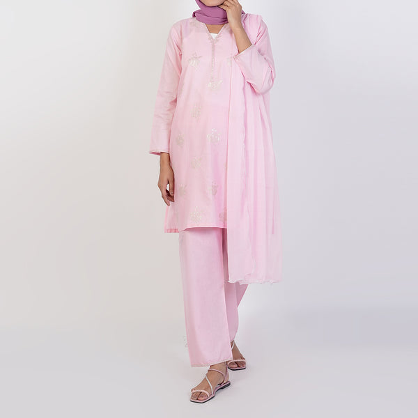 Women's Cotton Embroidered 3Pcs Suit -Pink