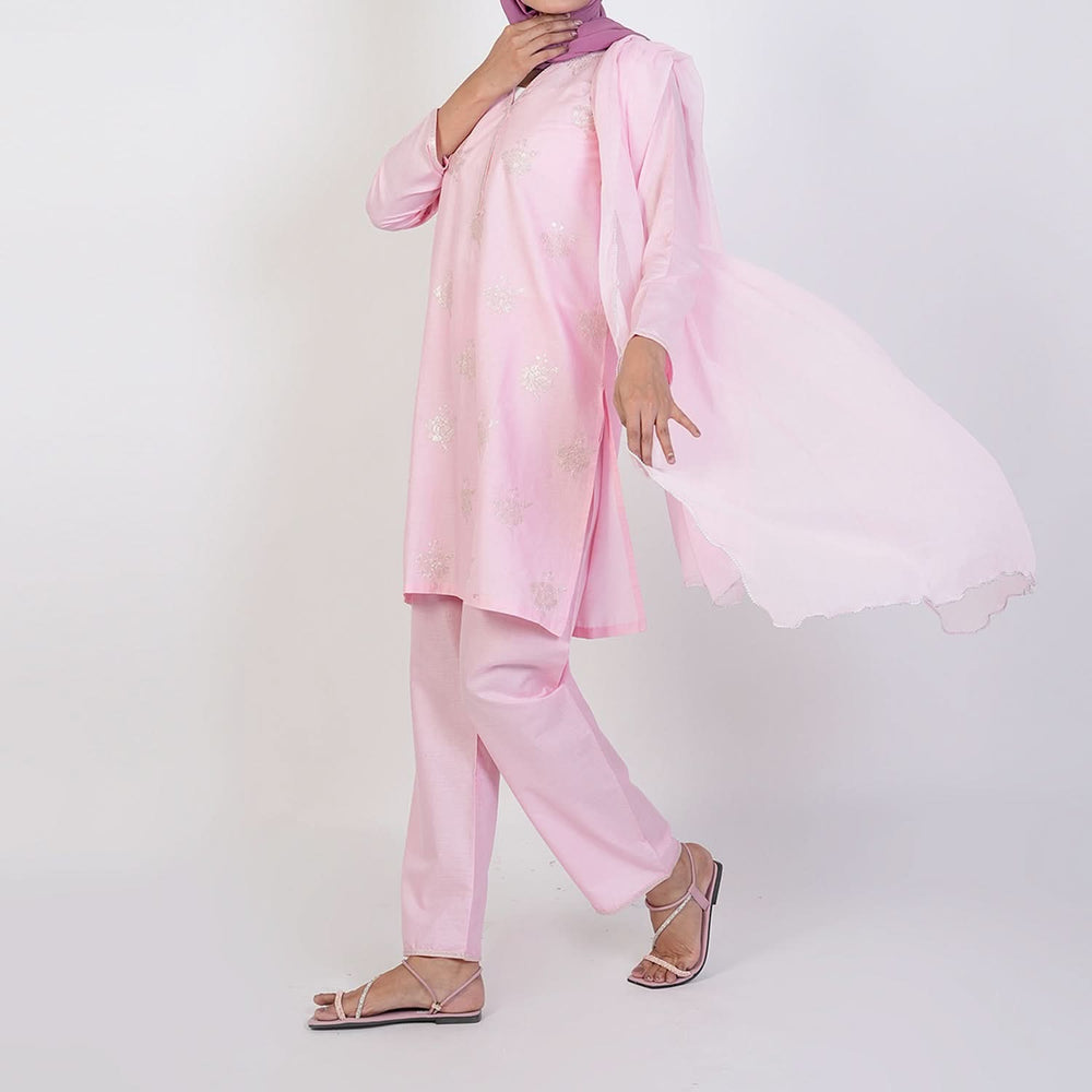 Women's Cotton Embroidered 3Pcs Suit -Pink, Women Shalwar Suits, Chase Value, Chase Value