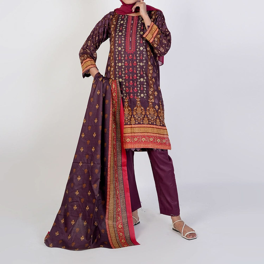 Women's Printed 3 Pcs Suit - Maroon, Women Shalwar Suits, Chase Value, Chase Value