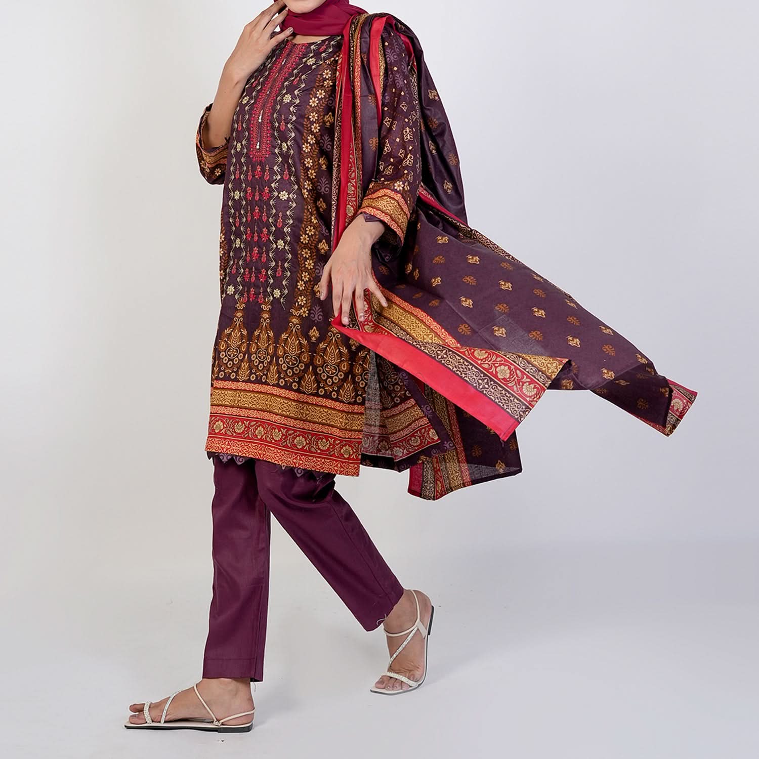 Women's Printed 3 Pcs Suit - Maroon, Women Shalwar Suits, Chase Value, Chase Value