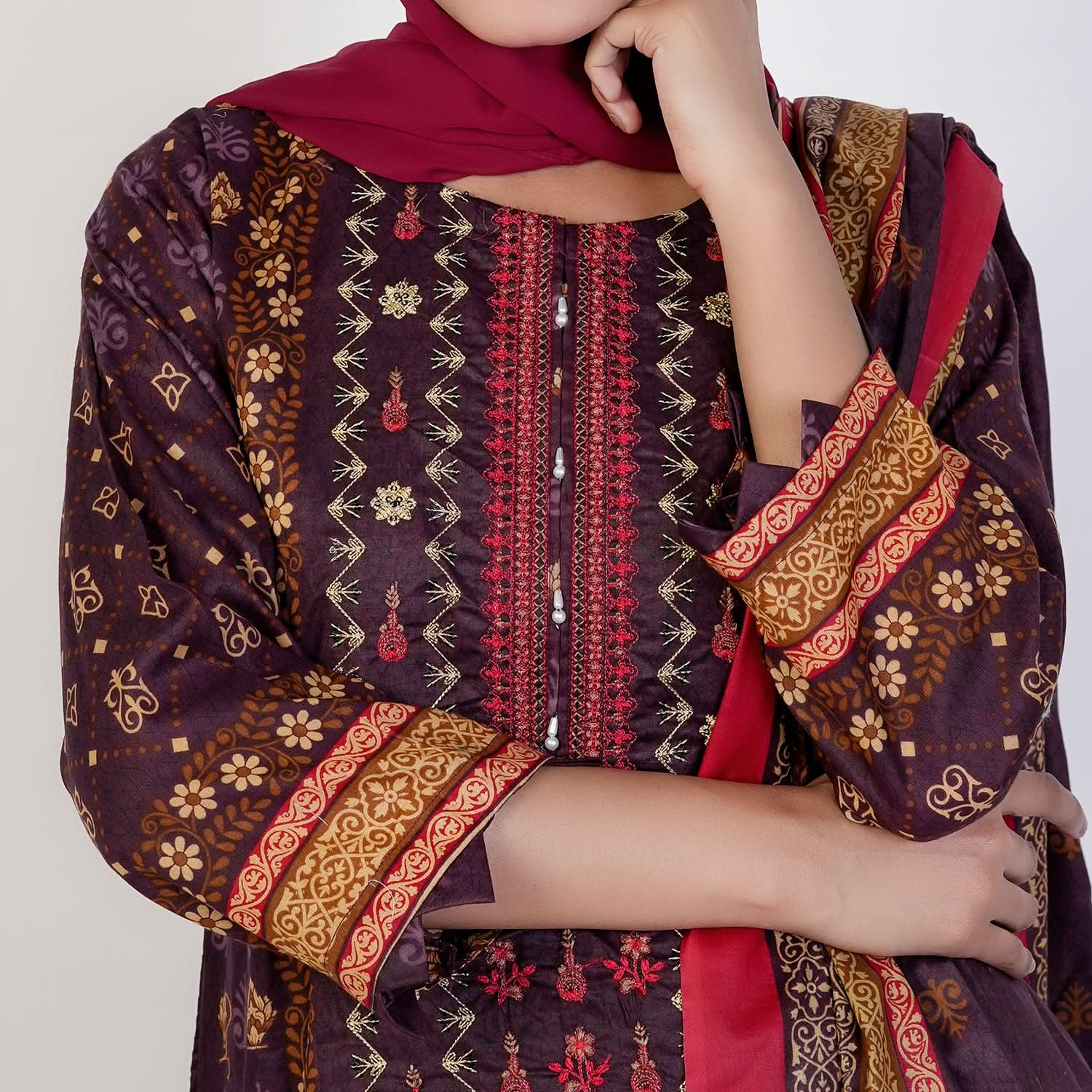 Women's Printed 3 Pcs Suit - Maroon, Women Shalwar Suits, Chase Value, Chase Value