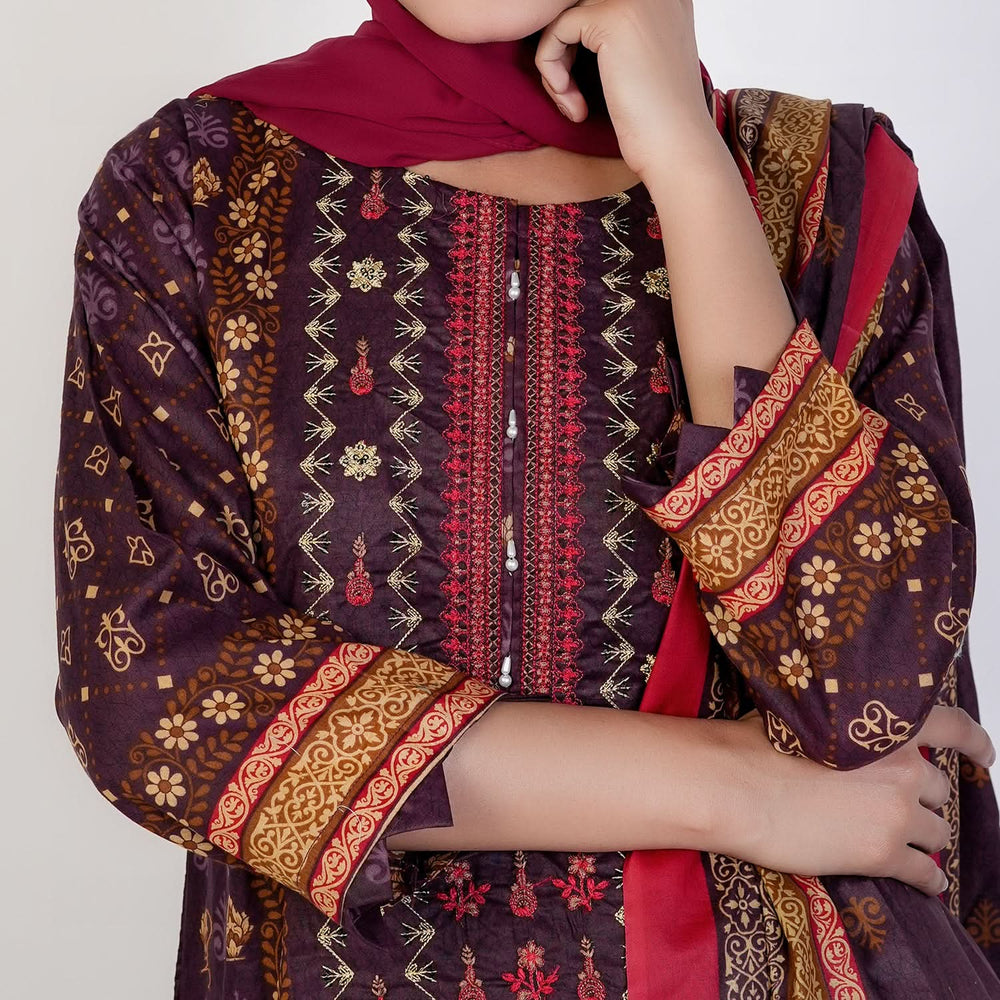 Women's Printed 3 Pcs Suit - Maroon, Women Shalwar Suits, Chase Value, Chase Value