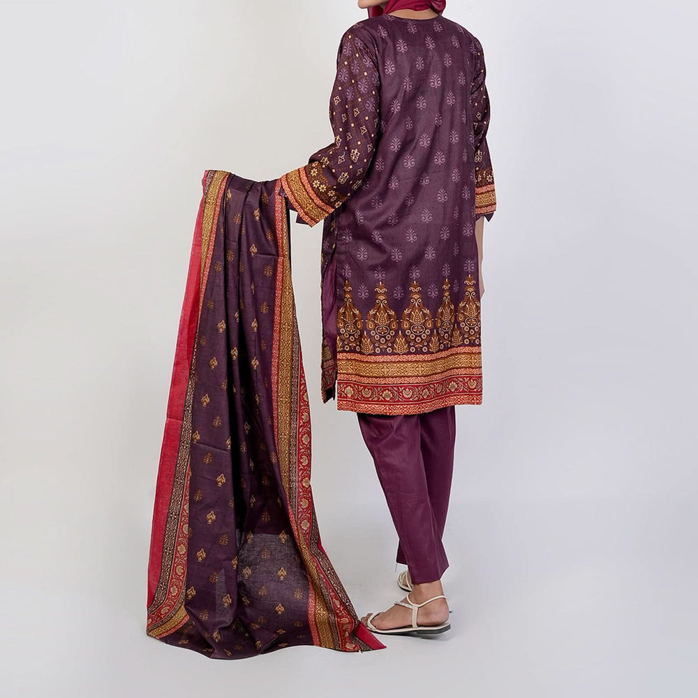 Women's Printed 3 Pcs Suit - Maroon, Women Shalwar Suits, Chase Value, Chase Value
