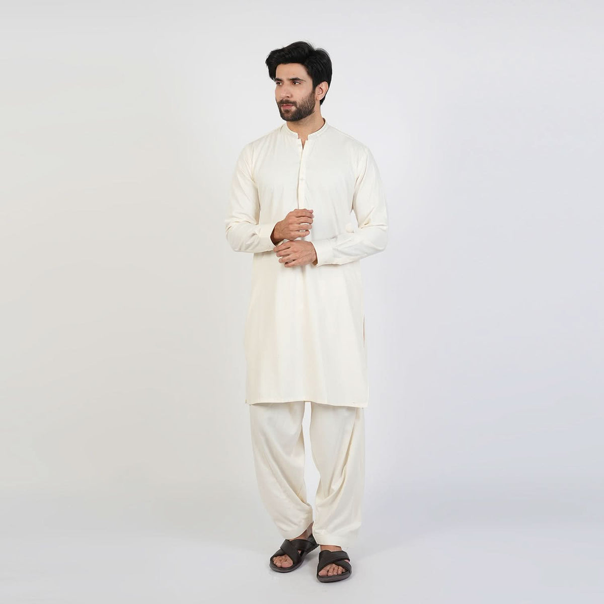 Eminent Men's Trim Fit Embroided Shalwar  Suit - Off White, Men's Shalwar Kameez, Eminent, Chase Value