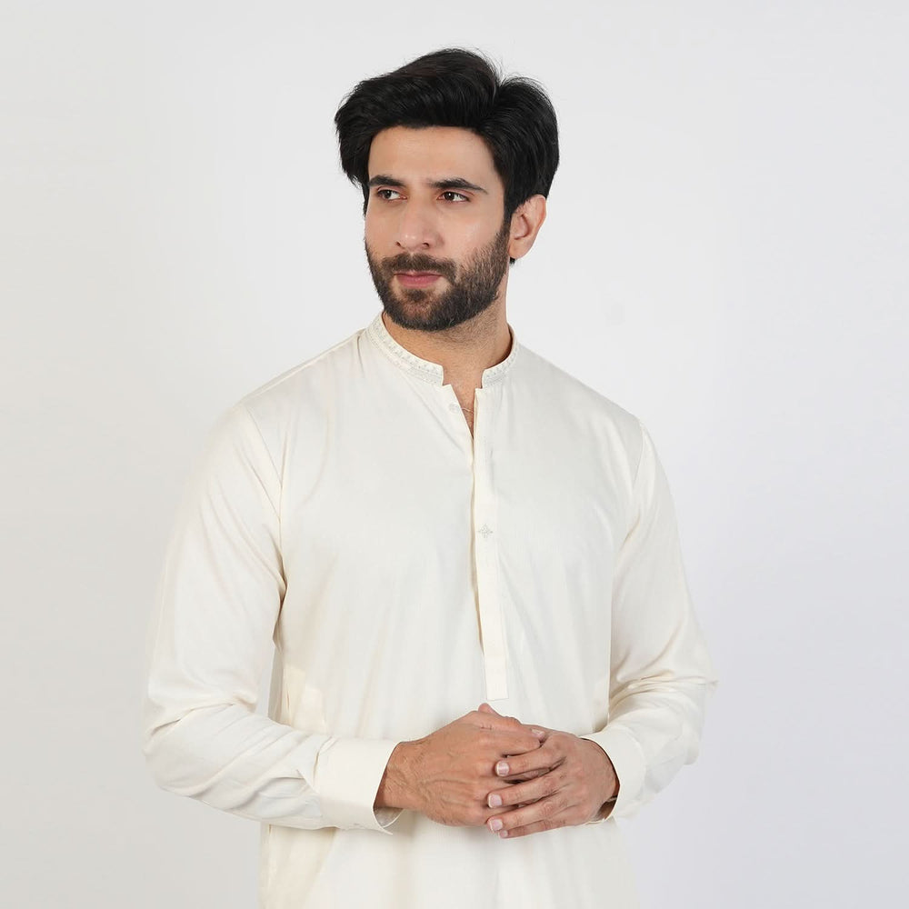 Eminent Men's Trim Fit Embroided Shalwar  Suit - Off White, Men's Shalwar Kameez, Eminent, Chase Value