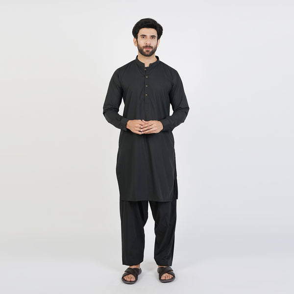 Eminent Men's Trim Fit Plain Shalwar Suits - Jet Black