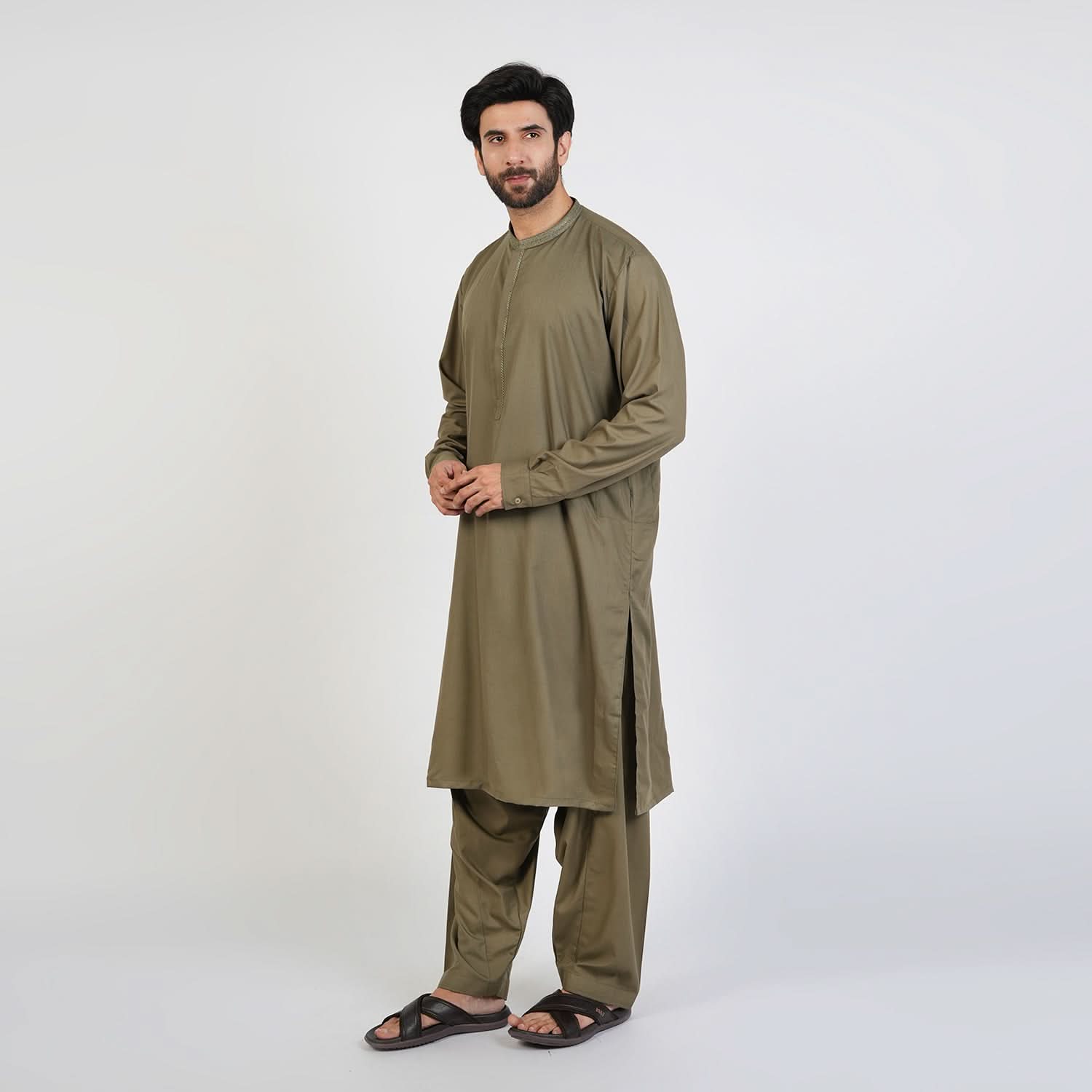 Eminent Men's Trim Fit Embroided Shalwar  Suit - Olive, Men's Shalwar Kameez, Eminent, Chase Value