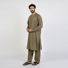 Eminent Men's Trim Fit Embroided Shalwar  Suit - Olive