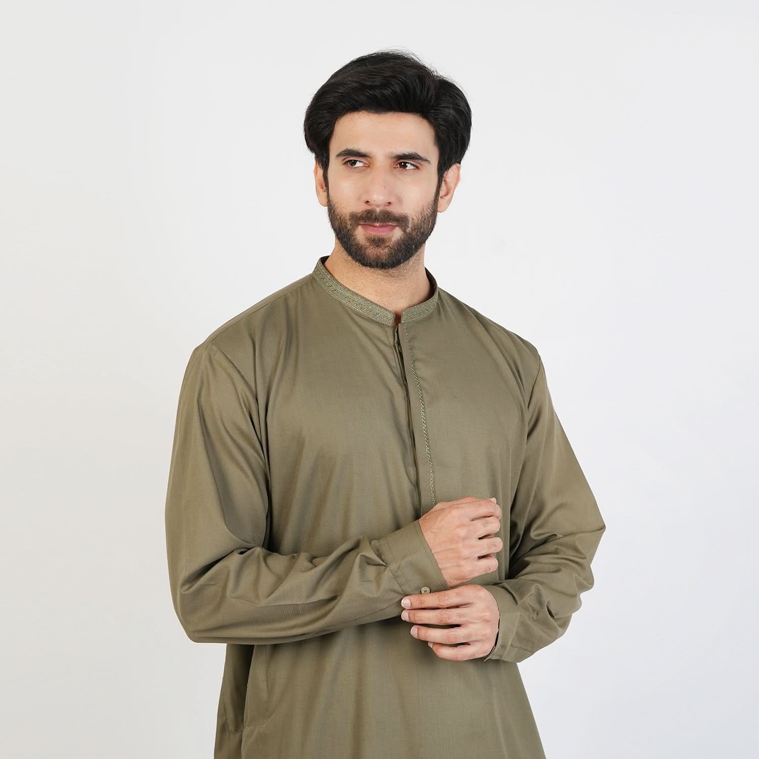 Eminent Men's Trim Fit Embroided Shalwar  Suit - Olive, Men's Shalwar Kameez, Eminent, Chase Value