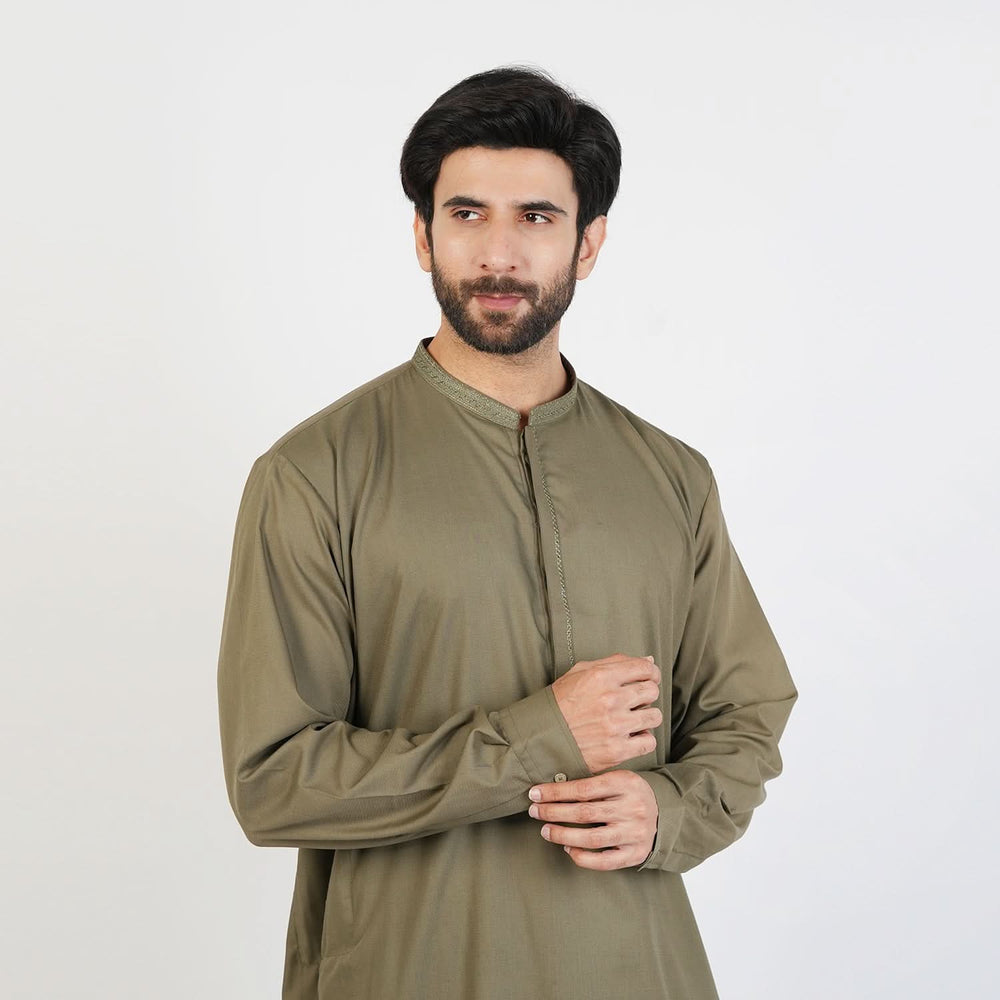 Eminent Men's Trim Fit Embroided Shalwar  Suit - Olive, Men's Shalwar Kameez, Eminent, Chase Value