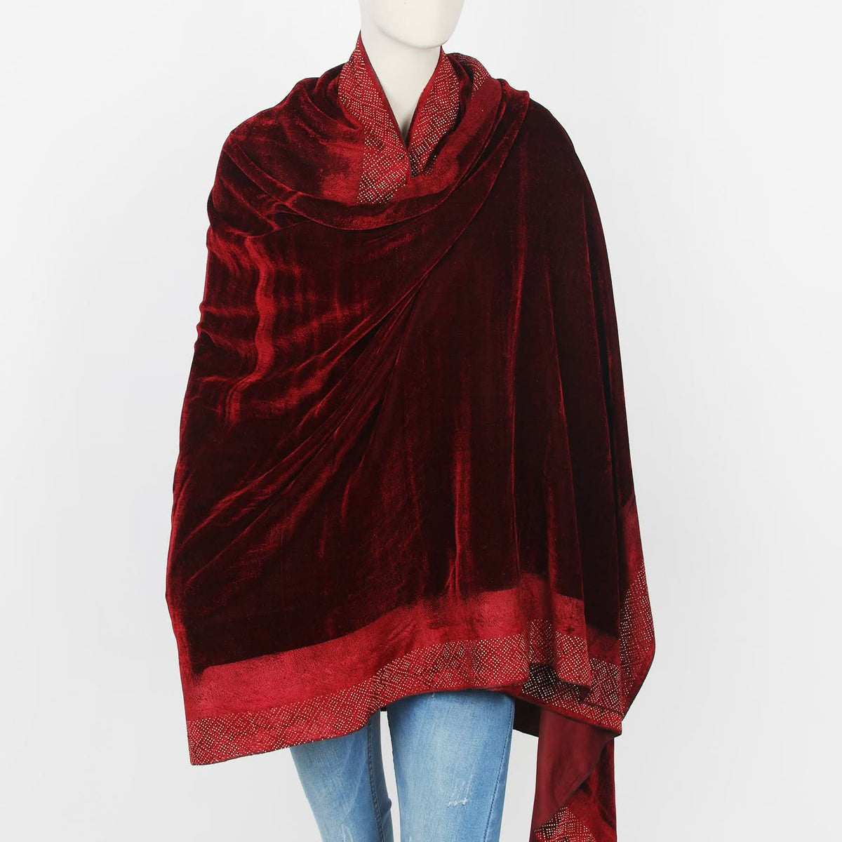 Women's Velvet Border Flower Shawl - Mehroon, Women Shawls & Scarves, Chase Value, Chase Value