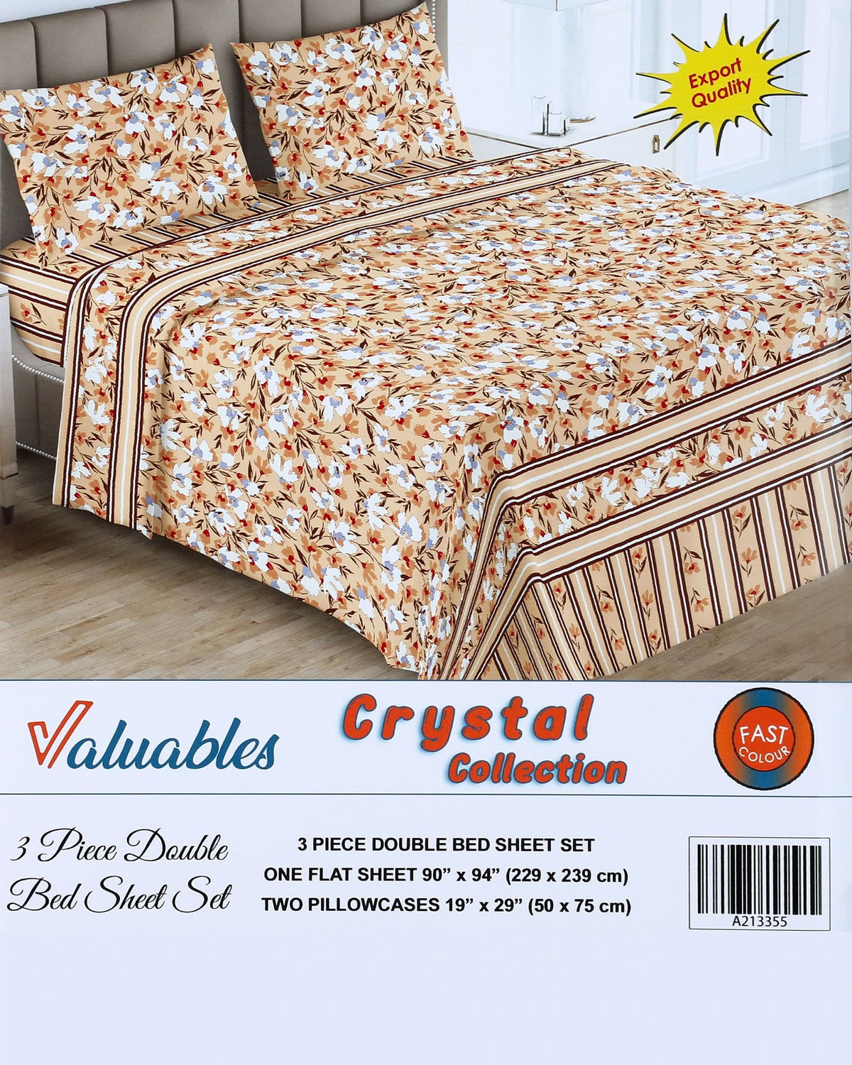 Valuable Crystal Collection 3 Piece Double Bedsheet 90X96", Double Size Bed Sheet, Chase Value, Chase Value