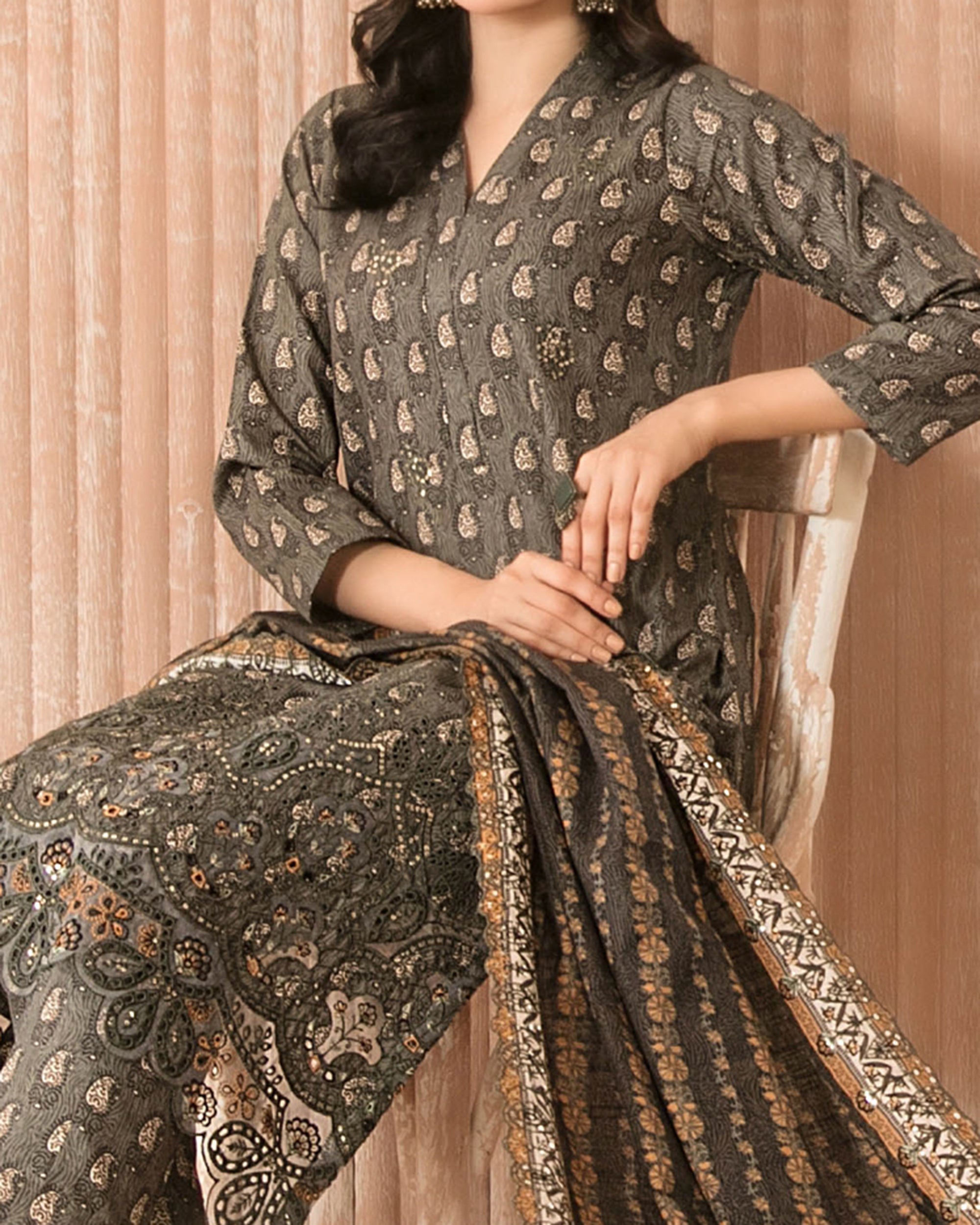 Tawakkal Aabroo Khaddar Printed Embroidered Suit - 3 Pc