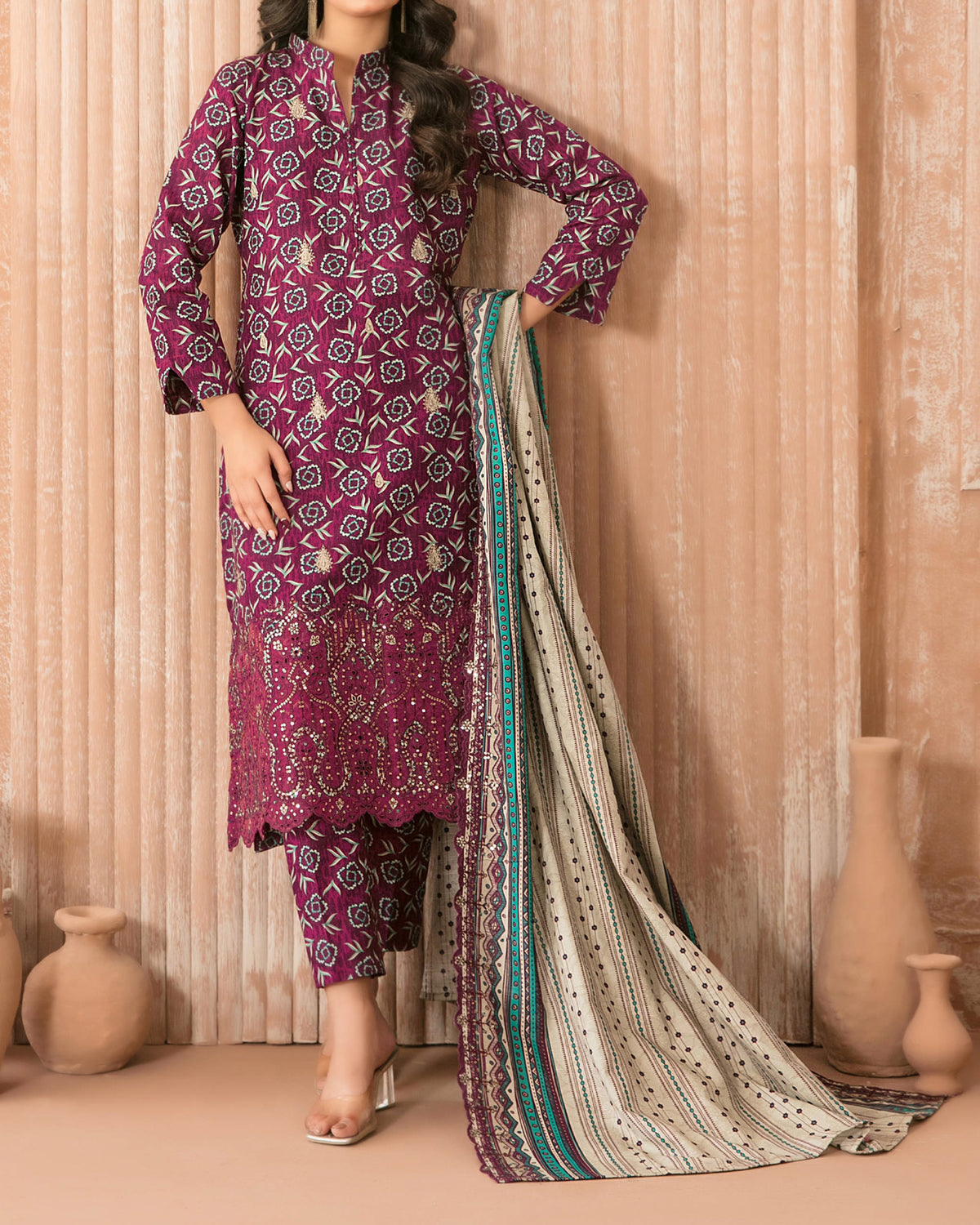 Tawakkal Aabroo Khaddar Printed Embroidered Suit - 3 Pc
