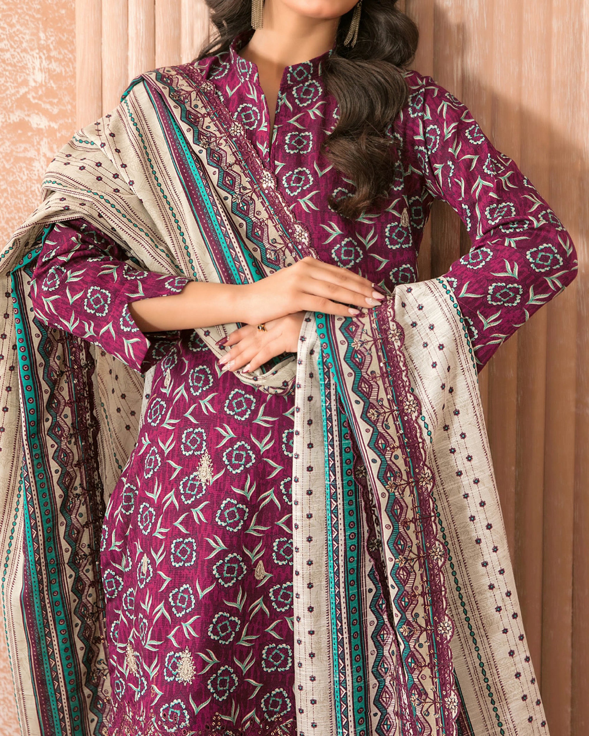 Tawakkal Aabroo Khaddar Printed Embroidered Suit - 3 Pc