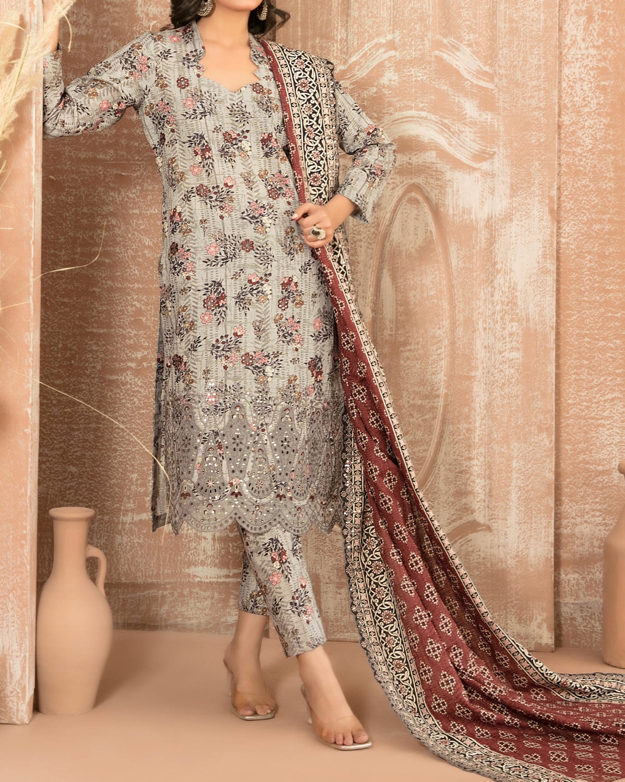 Tawakkal Aabroo Khaddar Printed Embroidered Suit - 3 Pc, Women, 3Pcs Shalwar Suit, Tawakkal Fabrics, Chase Value