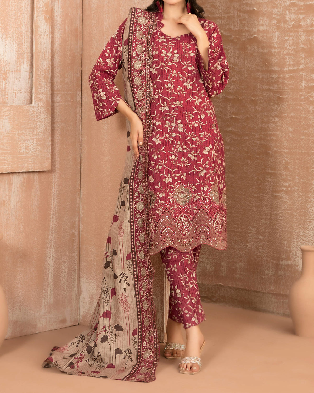 Tawakkal Aabroo Khaddar Printed Embroidered Suit - 3 Pc