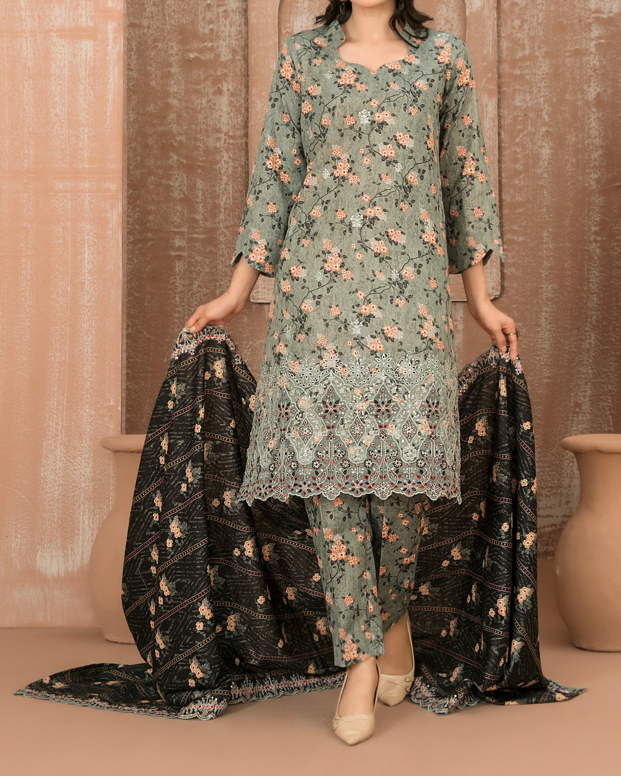 Tawakkal Aabroo Khaddar Printed Embroidered Suit - 3 Pc