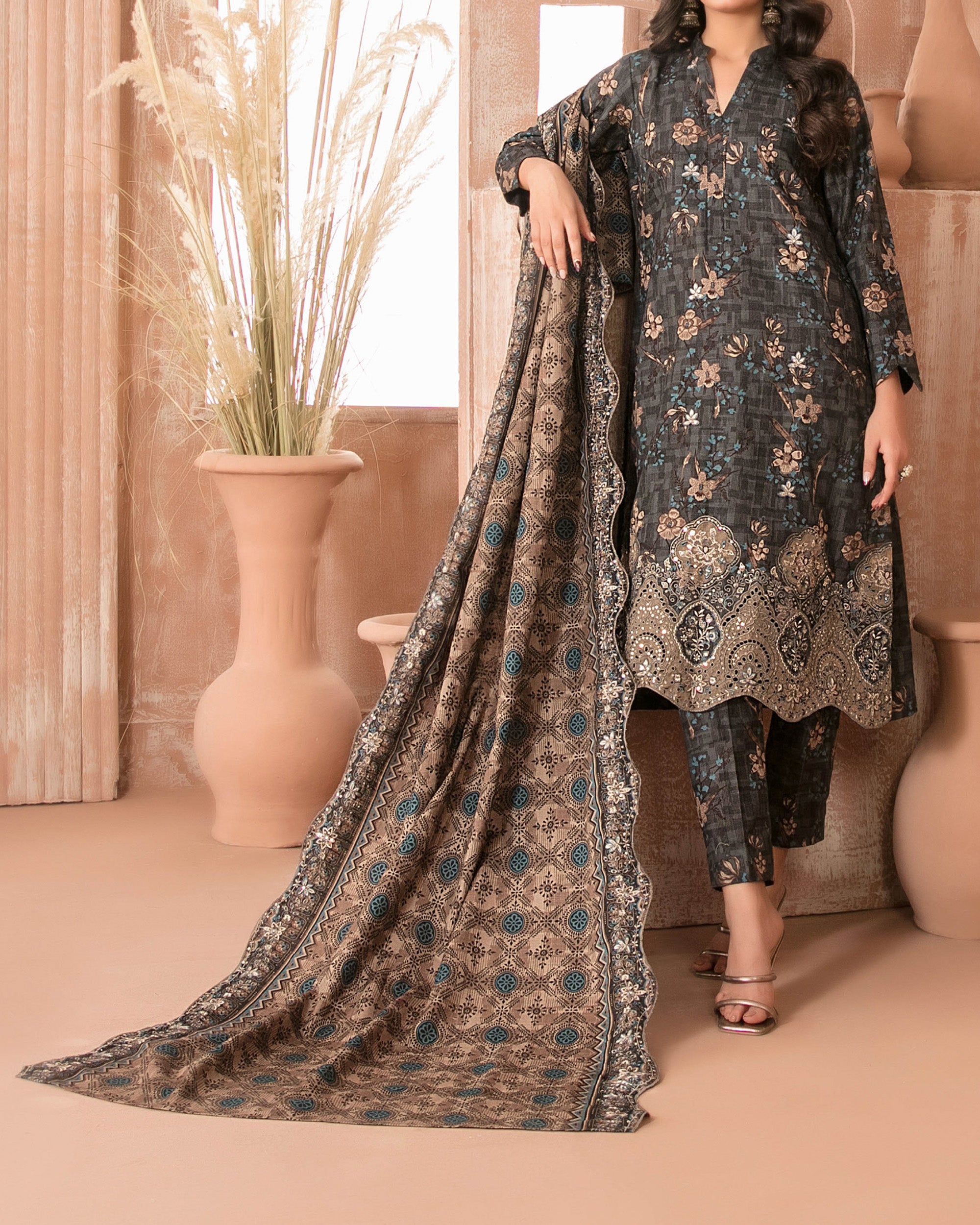 Tawakkal Aabroo Khaddar Printed Embroidered Suit - 3 Pc