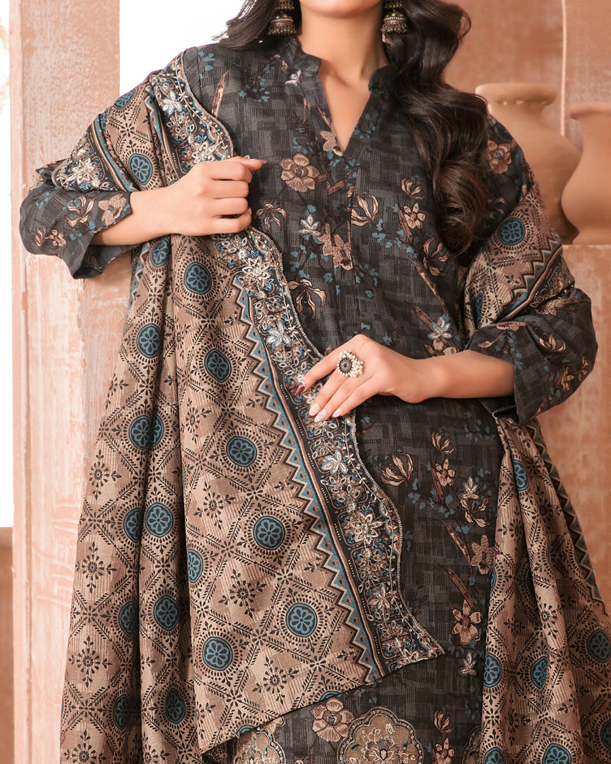 Tawakkal Aabroo Khaddar Printed Embroidered Suit - 3 Pc