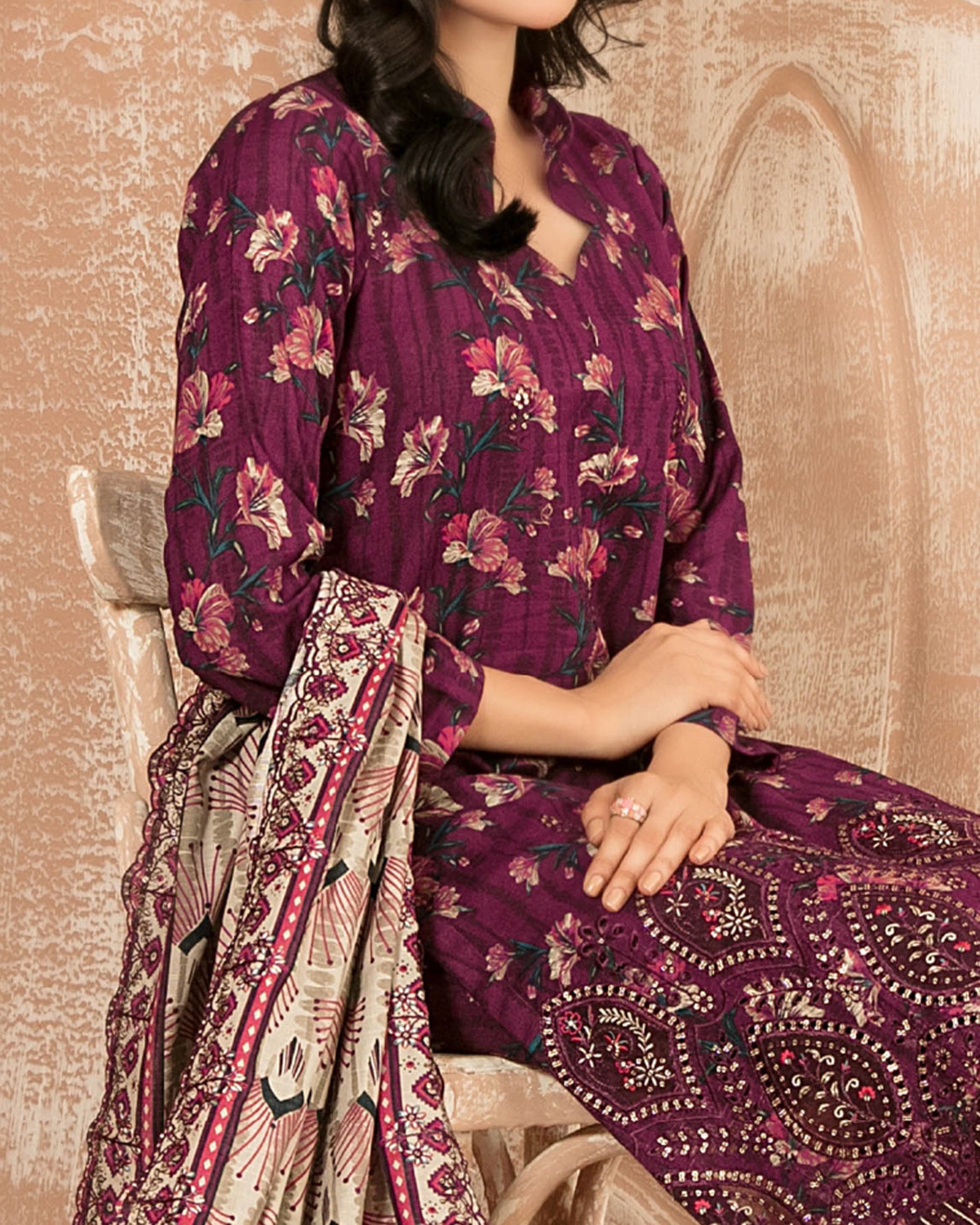 Tawakkal Aabroo Khaddar Printed Embroidered Suit - 3 Pc