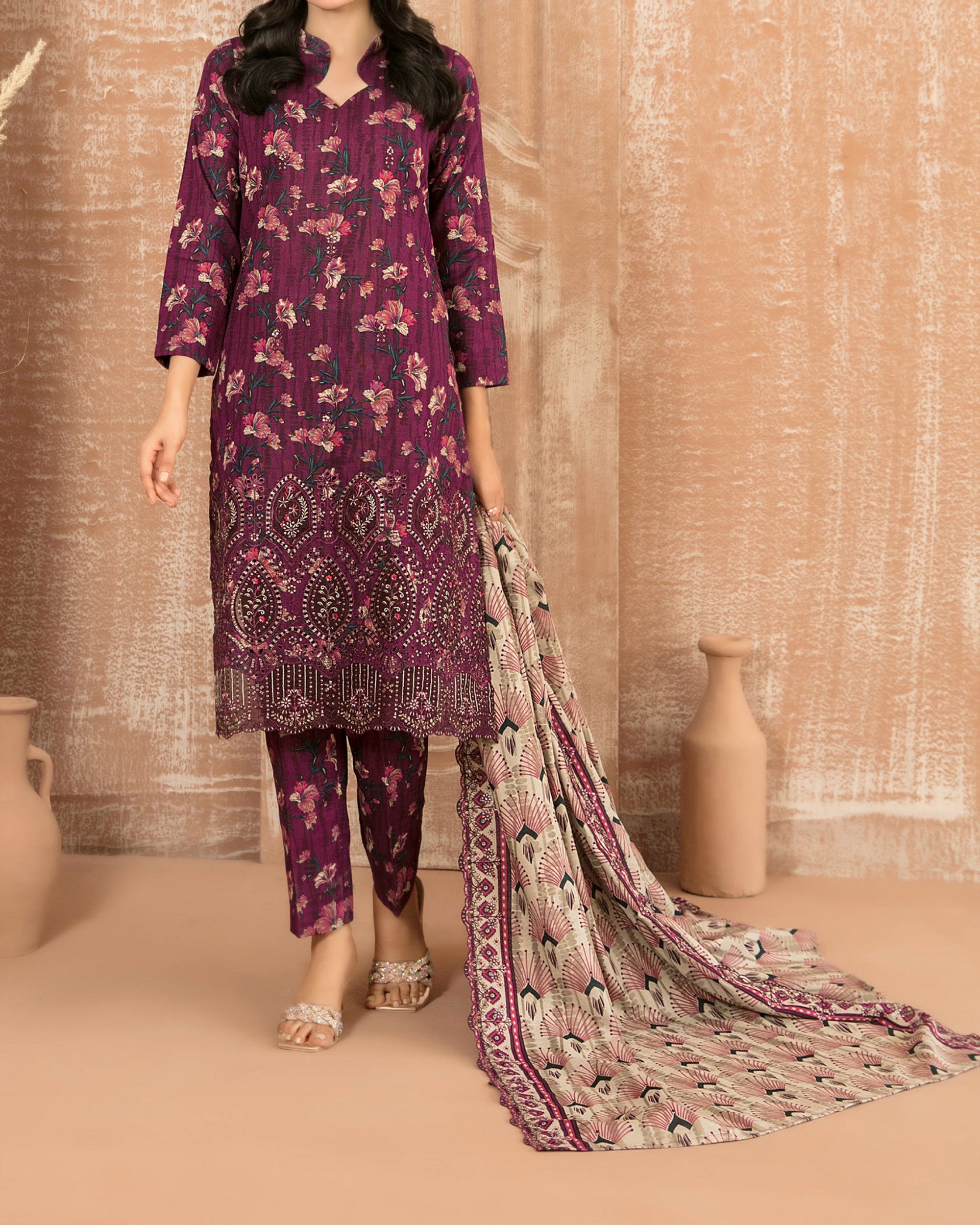 Tawakkal Aabroo Khaddar Printed Embroidered Suit - 3 Pc