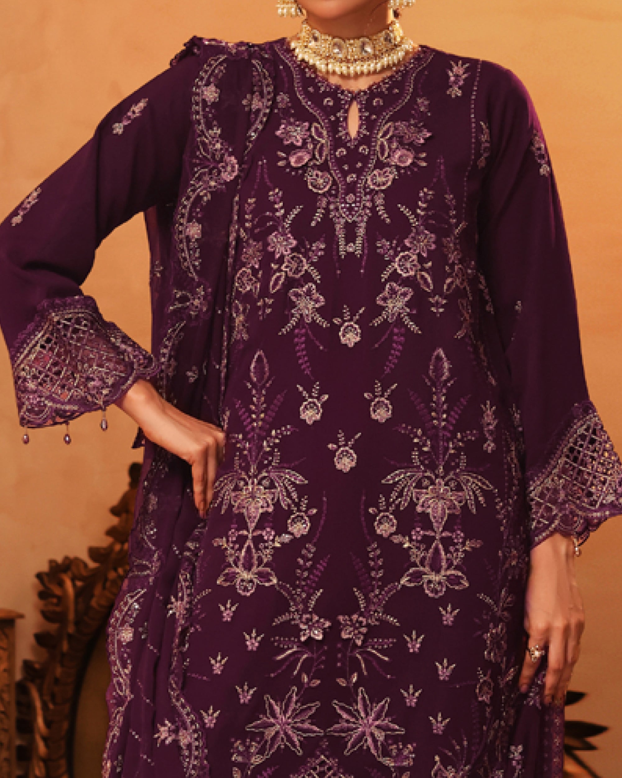 Zarineh Aina Chiffon Luxury Embroidered Suit - 3 Pc