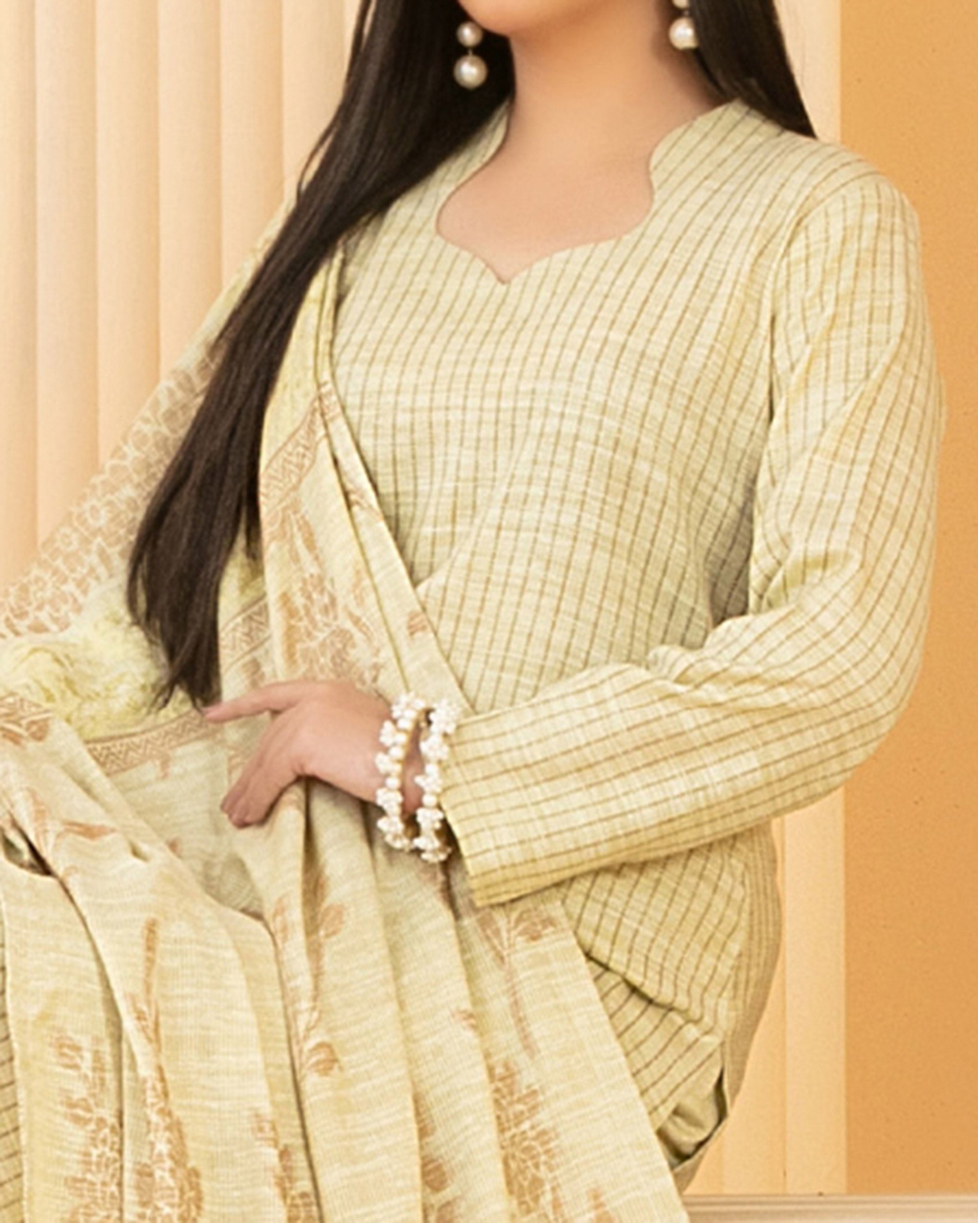 Tawakkal Abiha Stripe Leather Peach Suit with Shawl - 3 Pc