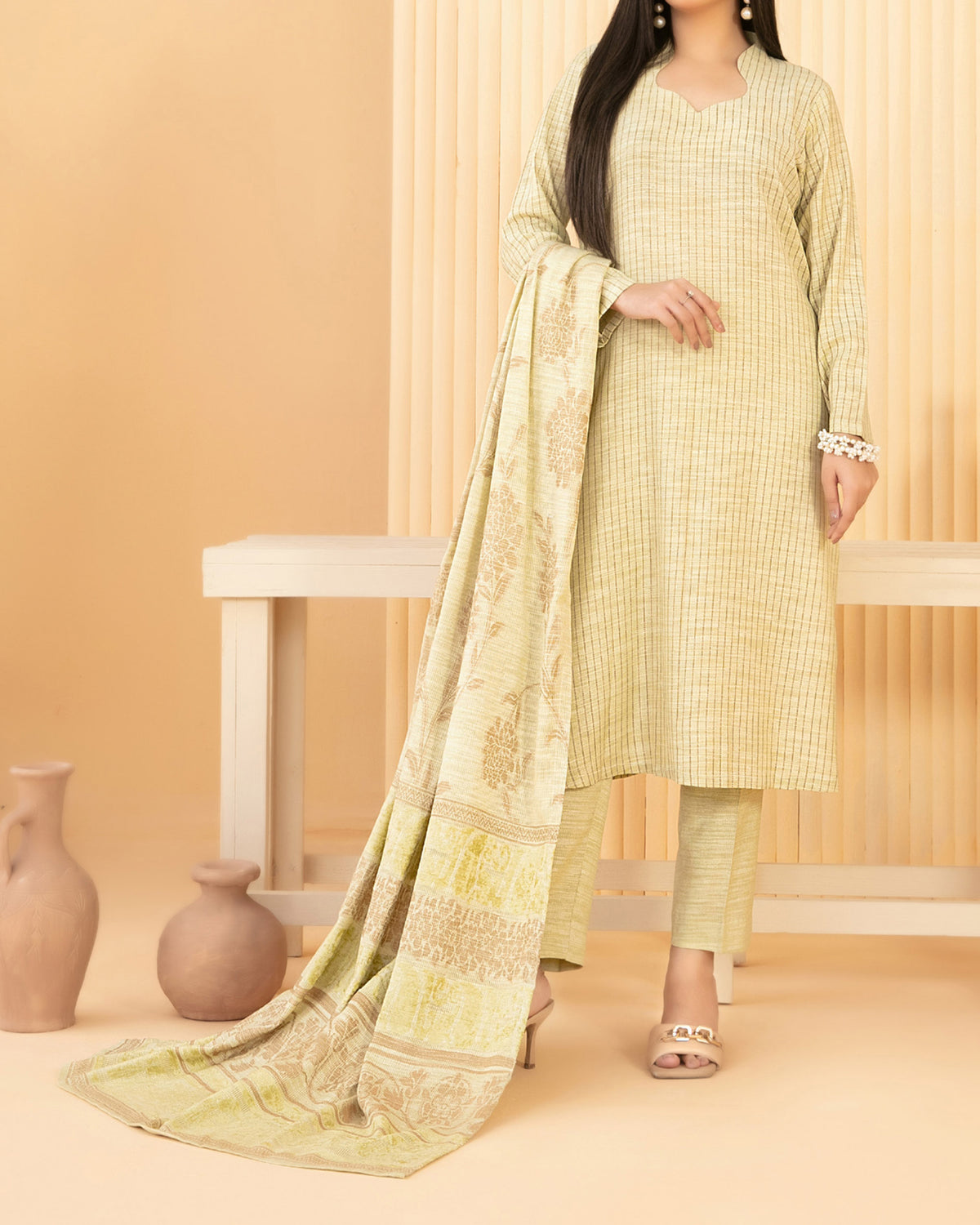 Tawakkal Abiha Stripe Leather Peach Suit with Shawl - 3 Pc