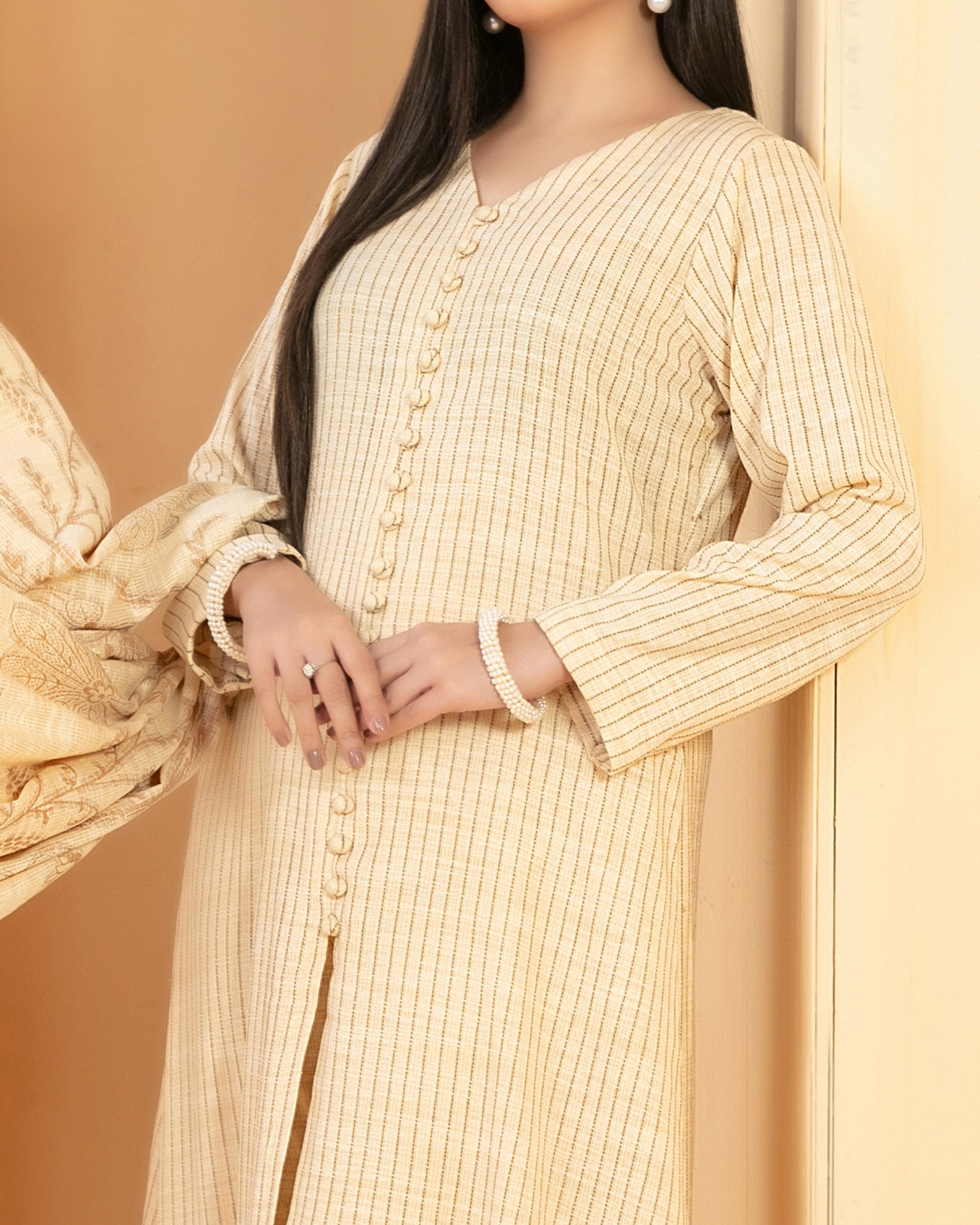 Tawakkal Abiha Stripe Leather Peach Suit with Shawl - 3 Pc