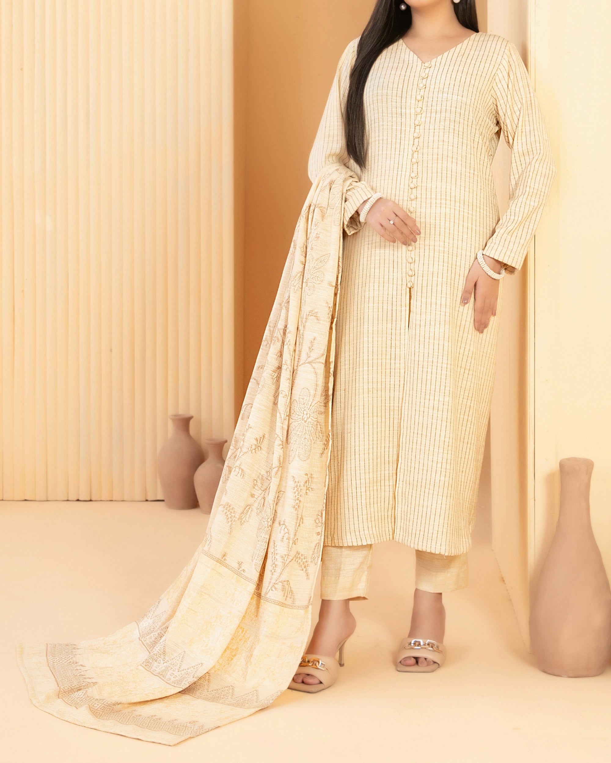 Tawakkal Abiha Stripe Leather Peach Suit with Shawl - 3 Pc