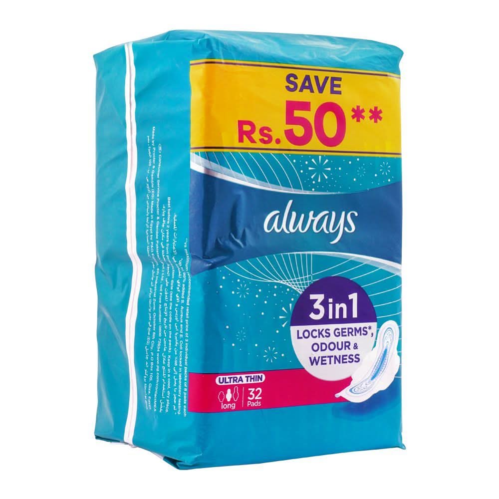Always Ultra Thin No Stain Long Pads, 32-Pack, Sanitory Napkins, Always, Chase Value