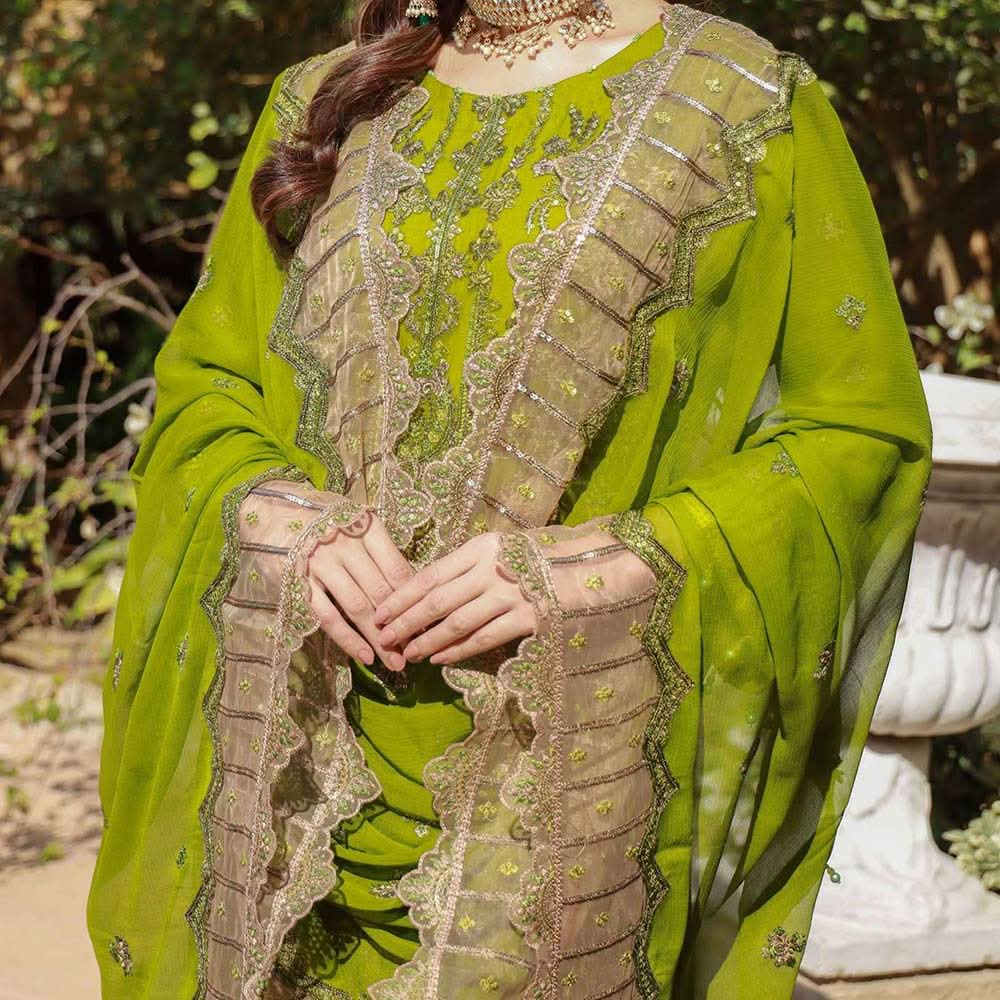 Schick Basant Heavy Chiffon Semi Stitched Embroidered 3Pcs Suit, Women, 3Pcs Shalwar Suit, MI Creation, Chase Value