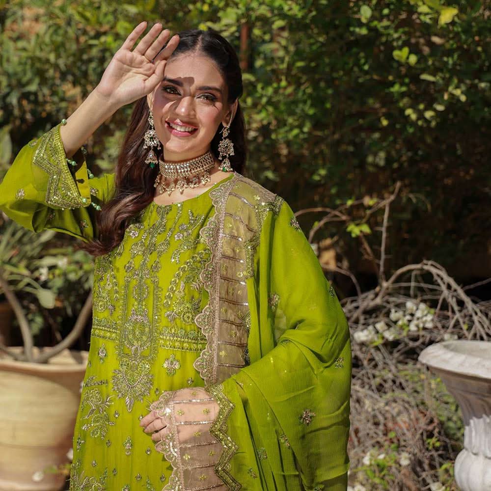 Schick Basant Heavy Chiffon Semi Stitched Embroidered 3Pcs Suit, Women, 3Pcs Shalwar Suit, MI Creation, Chase Value