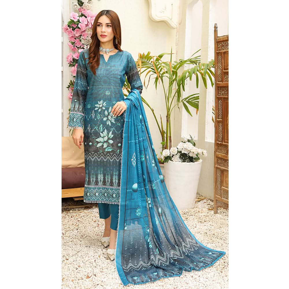 Baree Zari Lawn Digital Printed 3Pcs Unstitched Suit With Lawn Dupatta - 5, Women, 3Pcs Shalwar Suit, Rana Arts, Chase Value