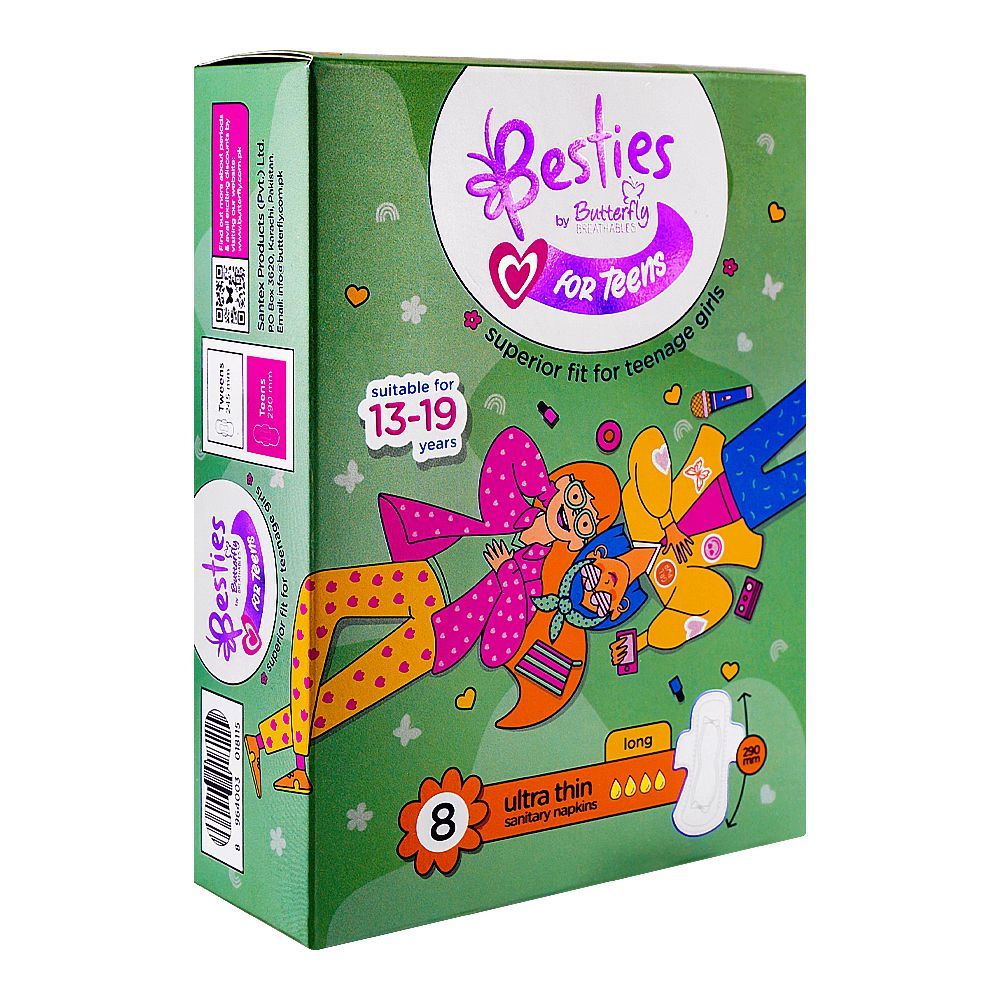 Butterfly Besties For Teens Ultra-Thin Sanitary Napkins, Long, Suitable For Teenage, 8-Pack, Sanitory Napkins, Butterfly, Chase Value