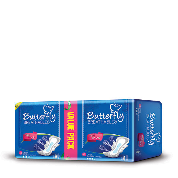Butterfly Maxi Thick Sanitary Napkins L 18's, Beauty & Personal Care, Sanitory Napkins, Butterfly, Chase Value