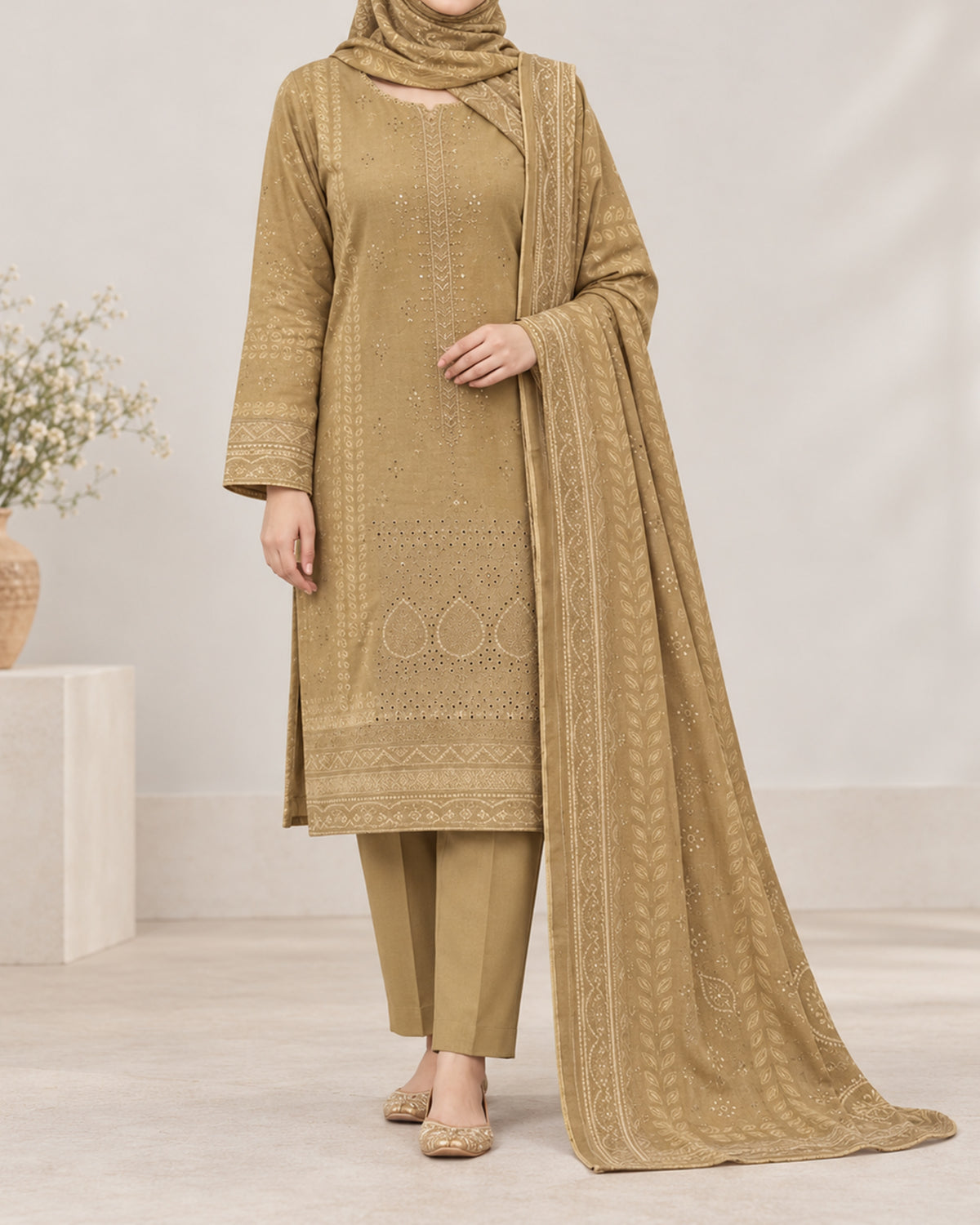 Noor Collection Aneela's Peach Dhanak Embroidered Suit - 3 Pc