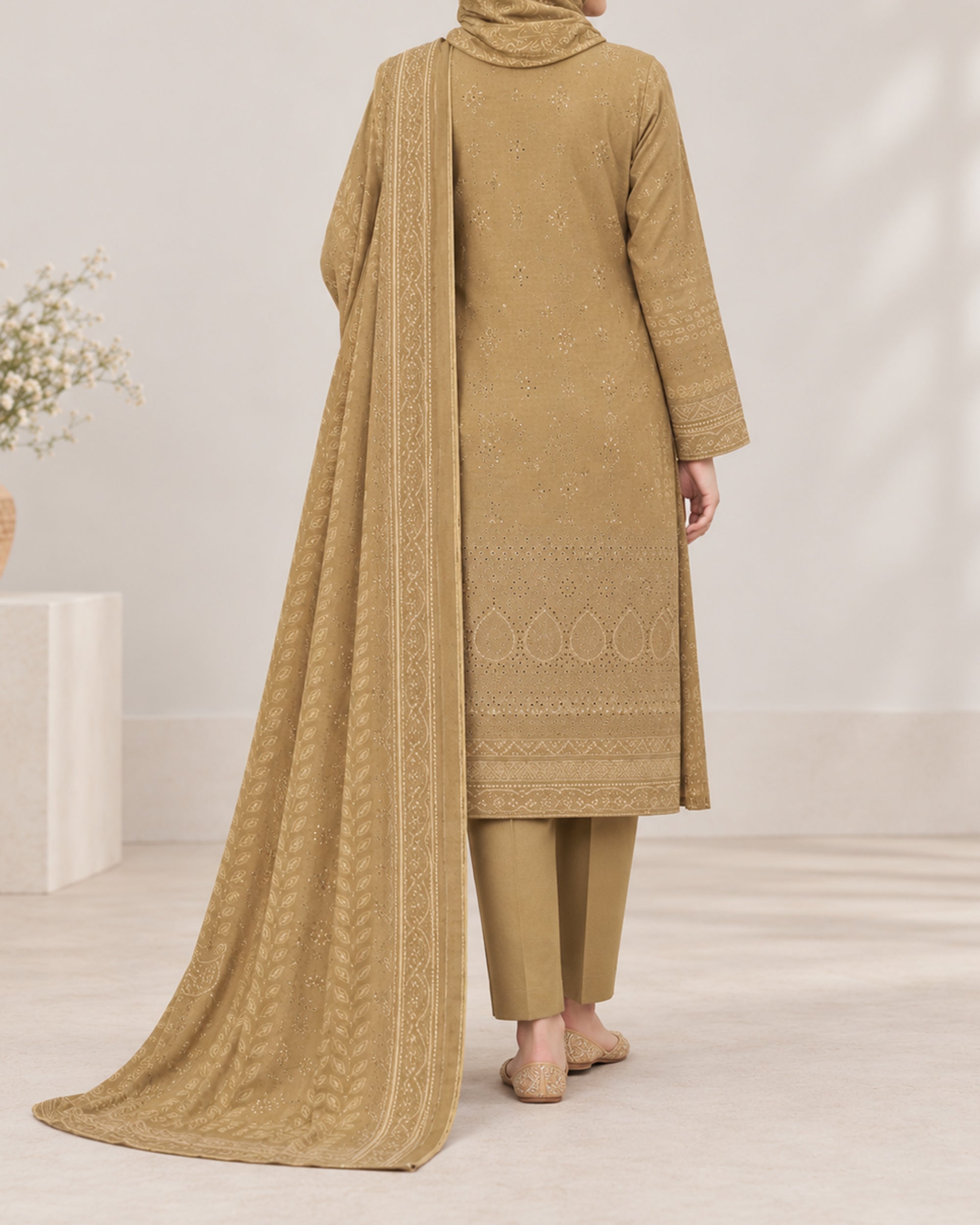 Noor Collection Aneela's Peach Dhanak Embroidered Suit - 3 Pc