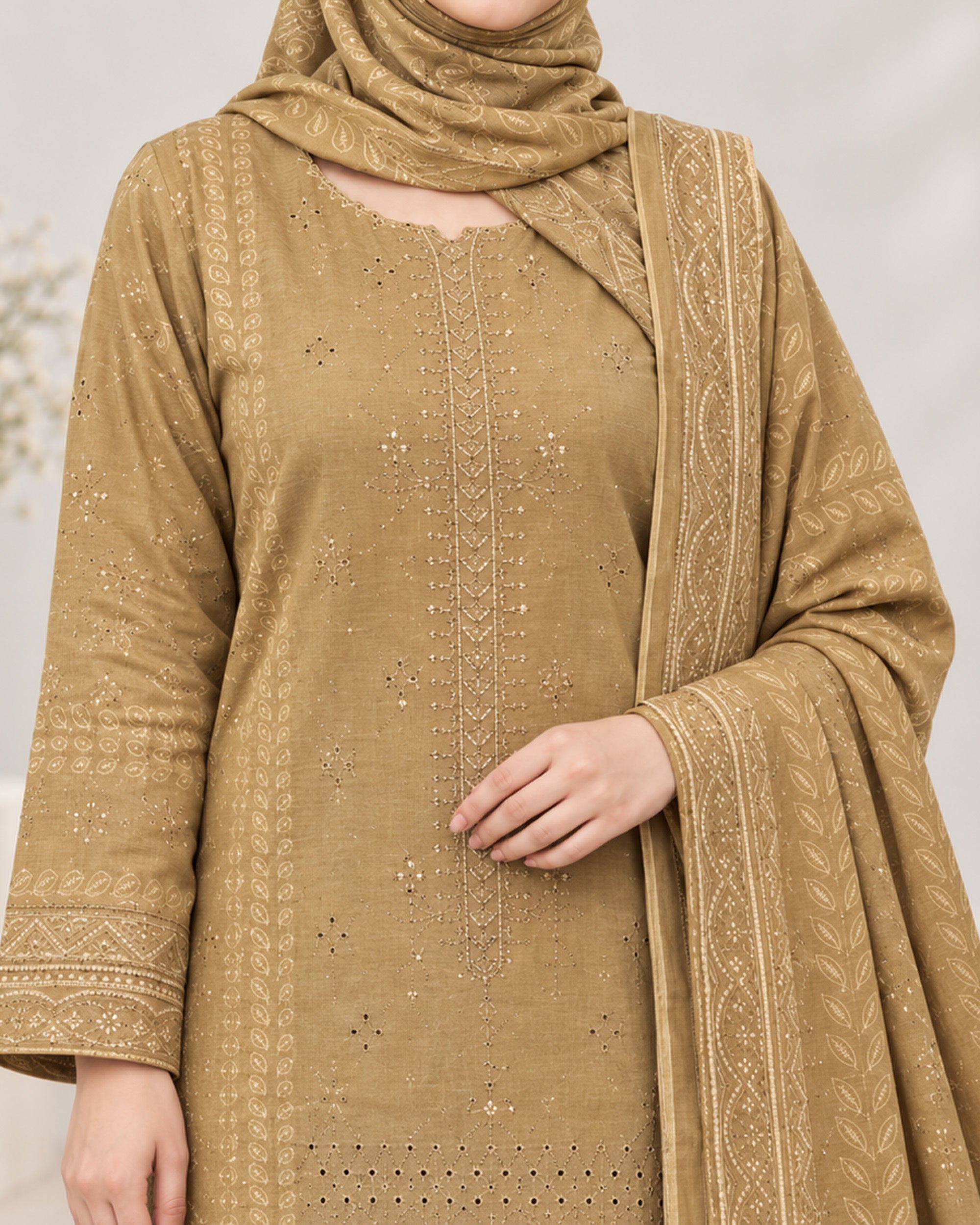 Noor Collection Aneela's Peach Dhanak Embroidered Suit - 3 Pc
