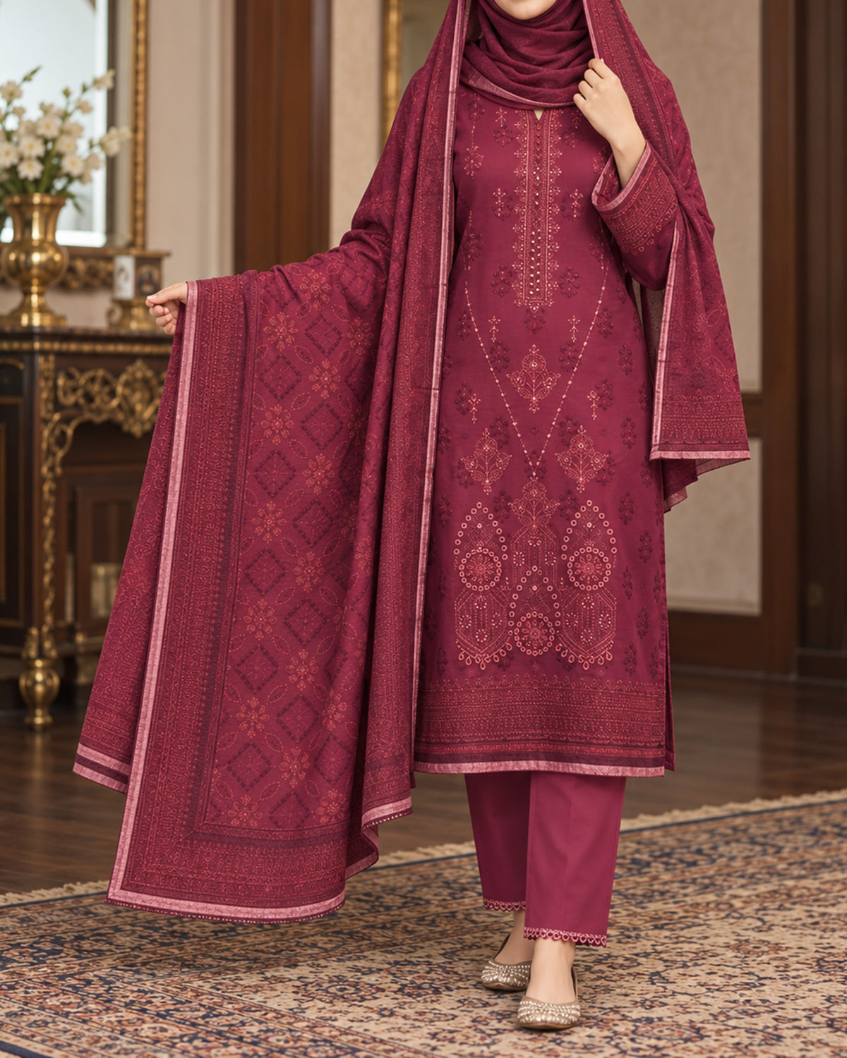 Noor Collection Aneela's Peach Dhanak Embroidered Suit - 3 Pc