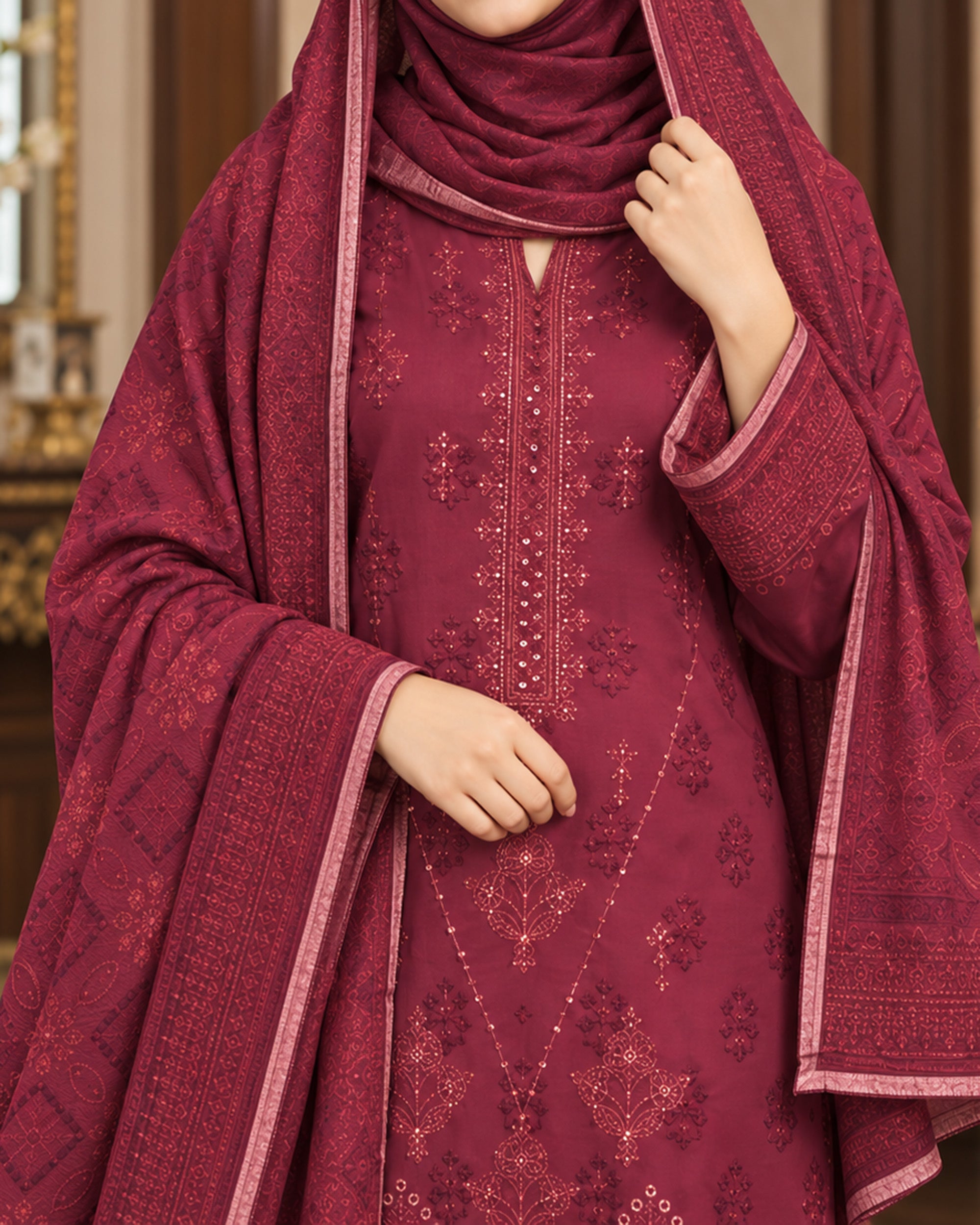 Noor Collection Aneela's Peach Dhanak Embroidered Suit - 3 Pc