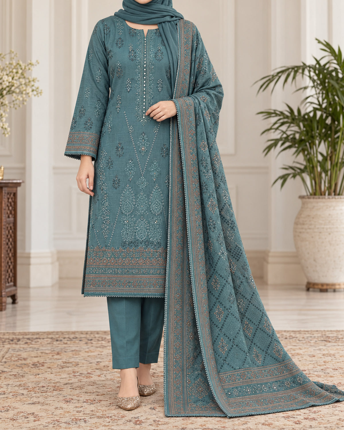 Noor Collection Aneela's Peach Dhanak Embroidered Suit - 3 Pc