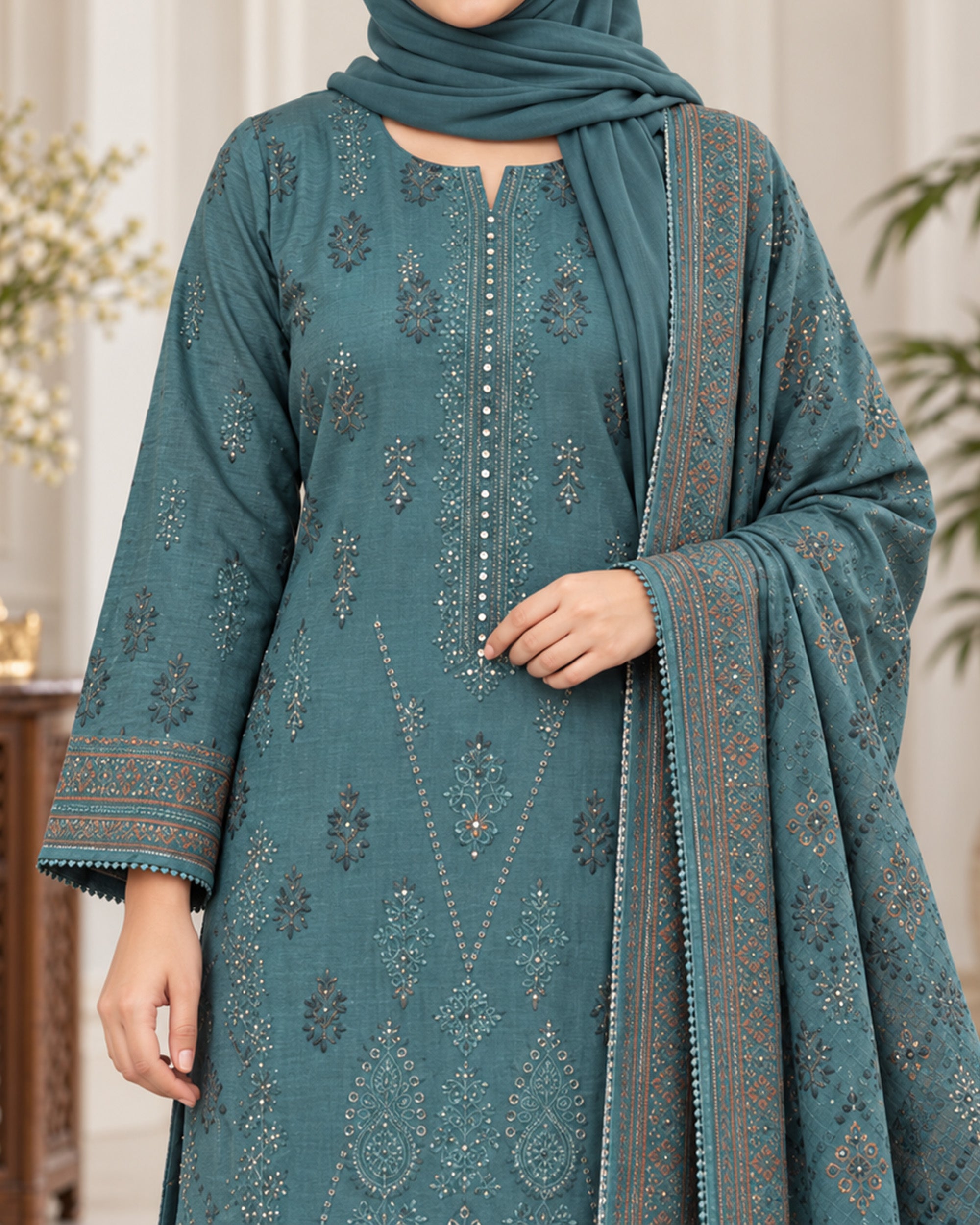 Noor Collection Aneela's Peach Dhanak Embroidered Suit - 3 Pc