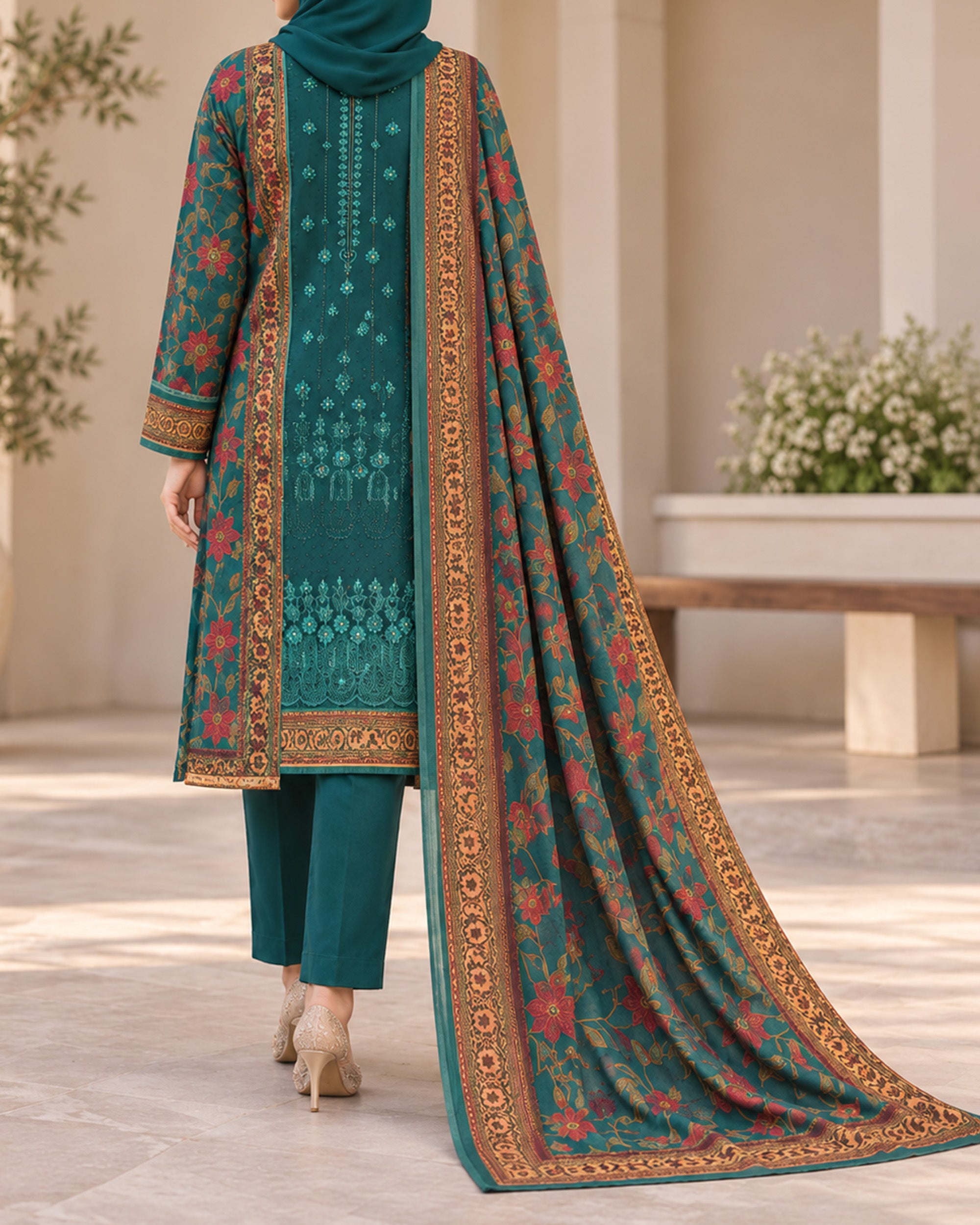 Noor Collection Aneela's Peach Dhanak Embroidered Suit - 3 Pc