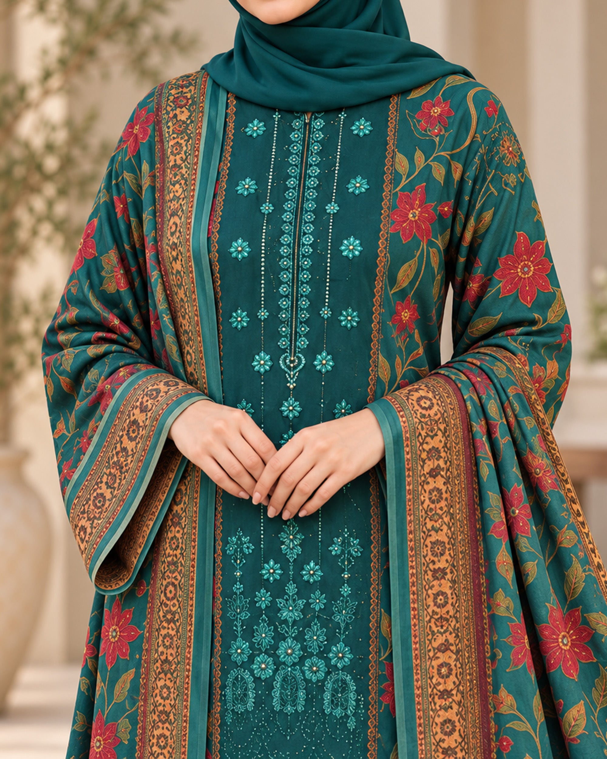 Noor Collection Aneela's Peach Dhanak Embroidered Suit - 3 Pc