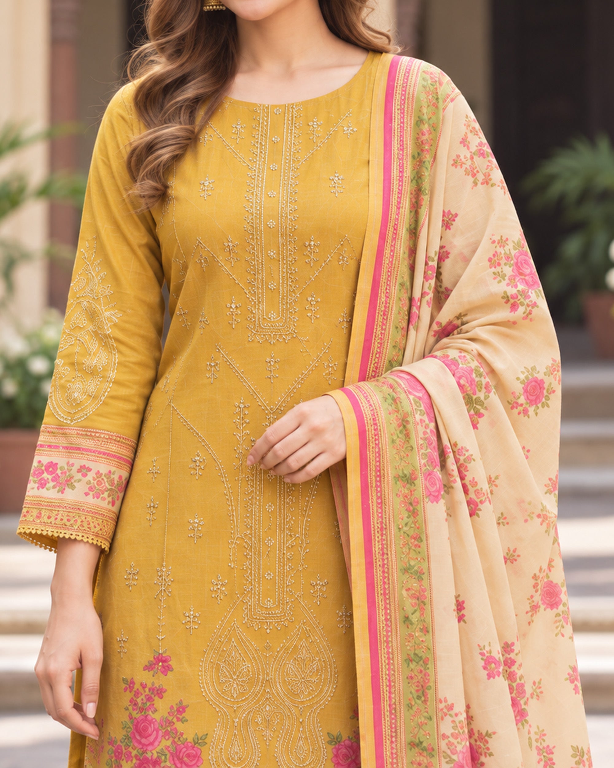 Noor Collection Aneela's Peach Dhanak Embroidered Suit - 3 Pc