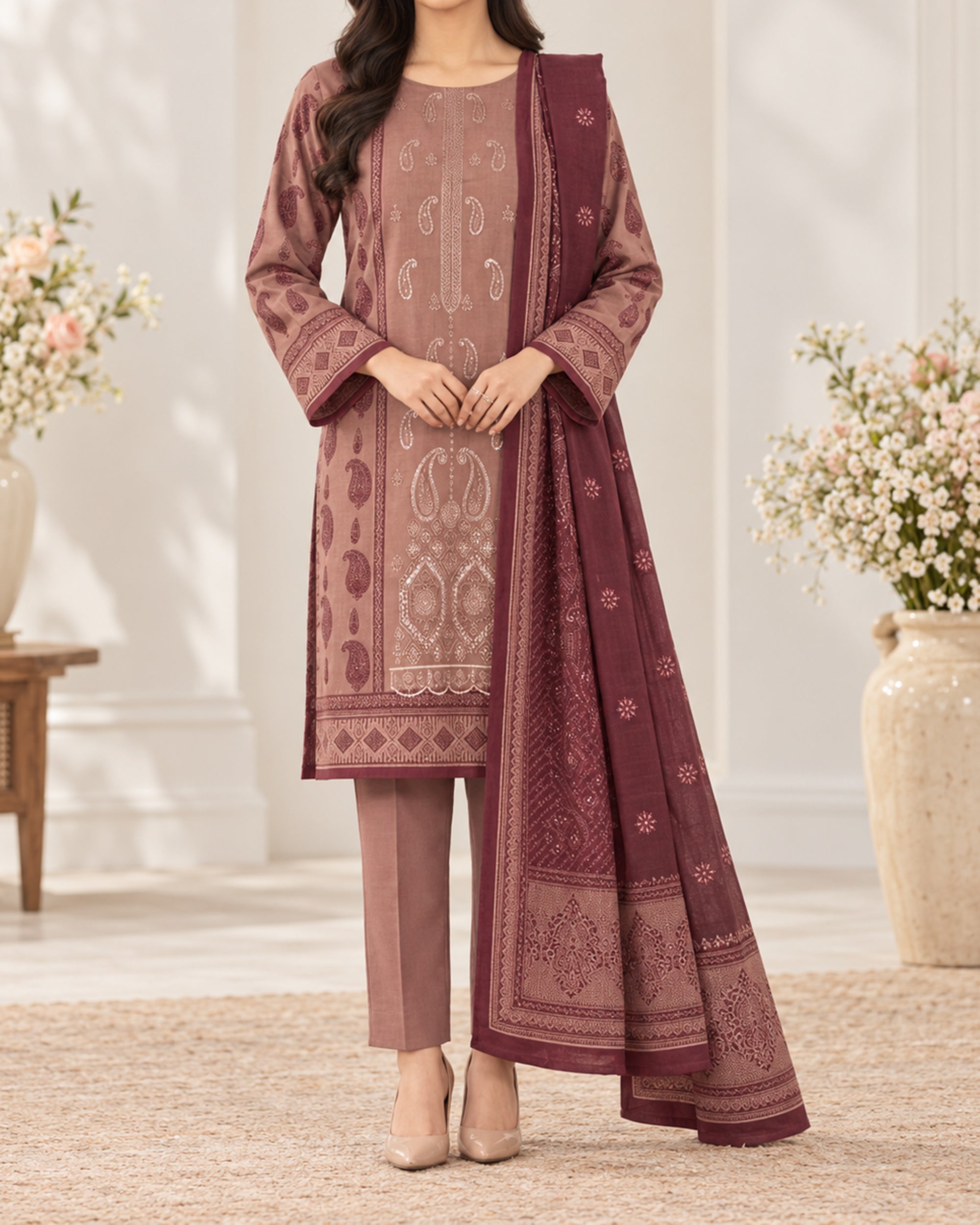 Noor Collection Aneela's Peach Dhanak Embroidered Suit - 3 Pc
