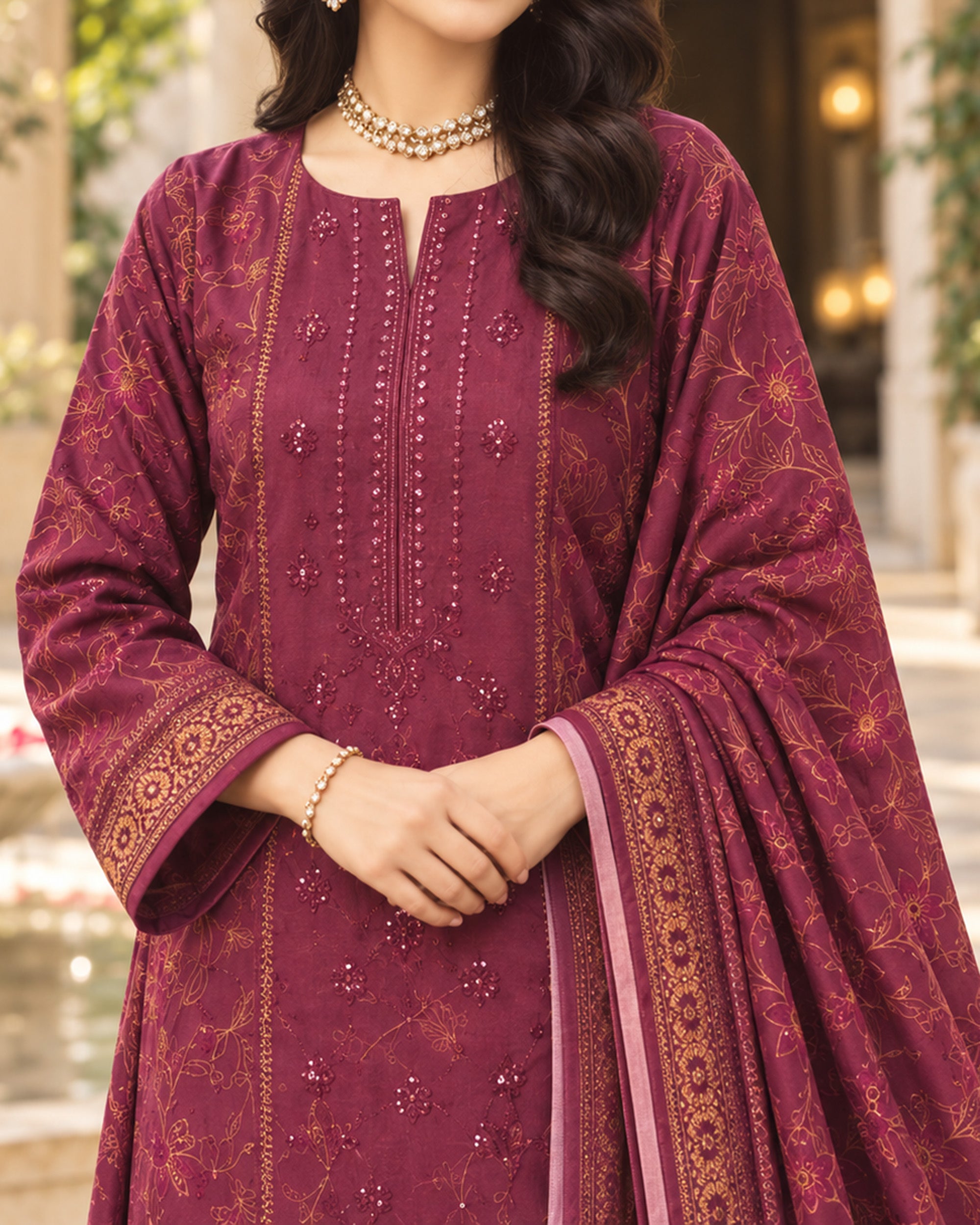 Noor Collection Aneela's Peach Dhanak Embroidered Suit - 3 Pc